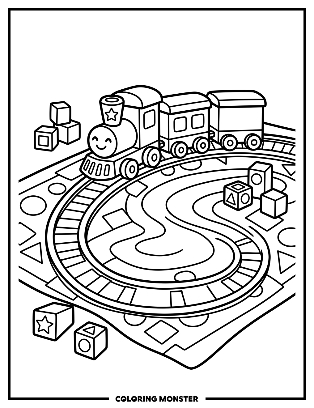 Cheerful Toy Train on Winding Track Coloring Page