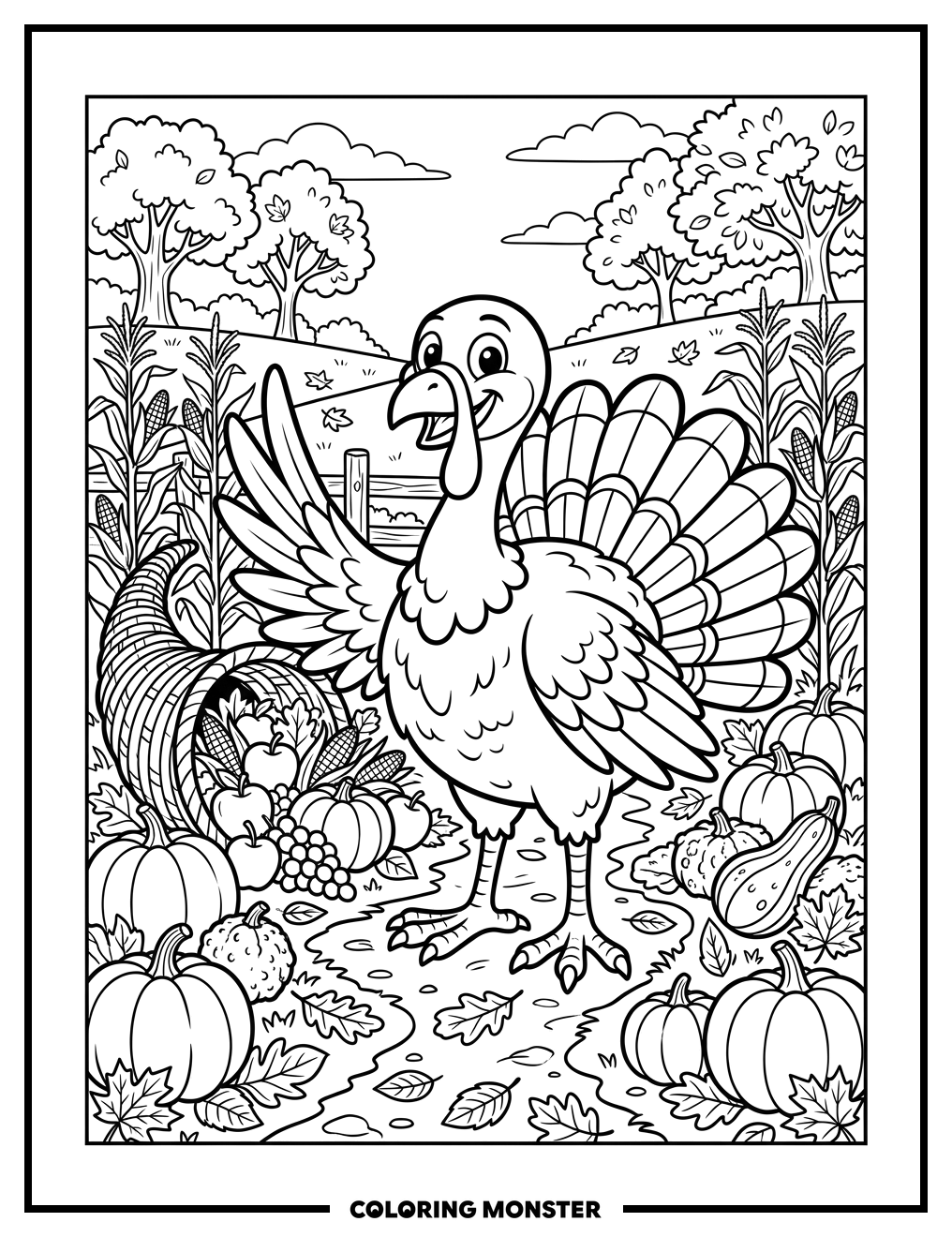 Cheerful Turkey With Autumn Harvest Coloring Page