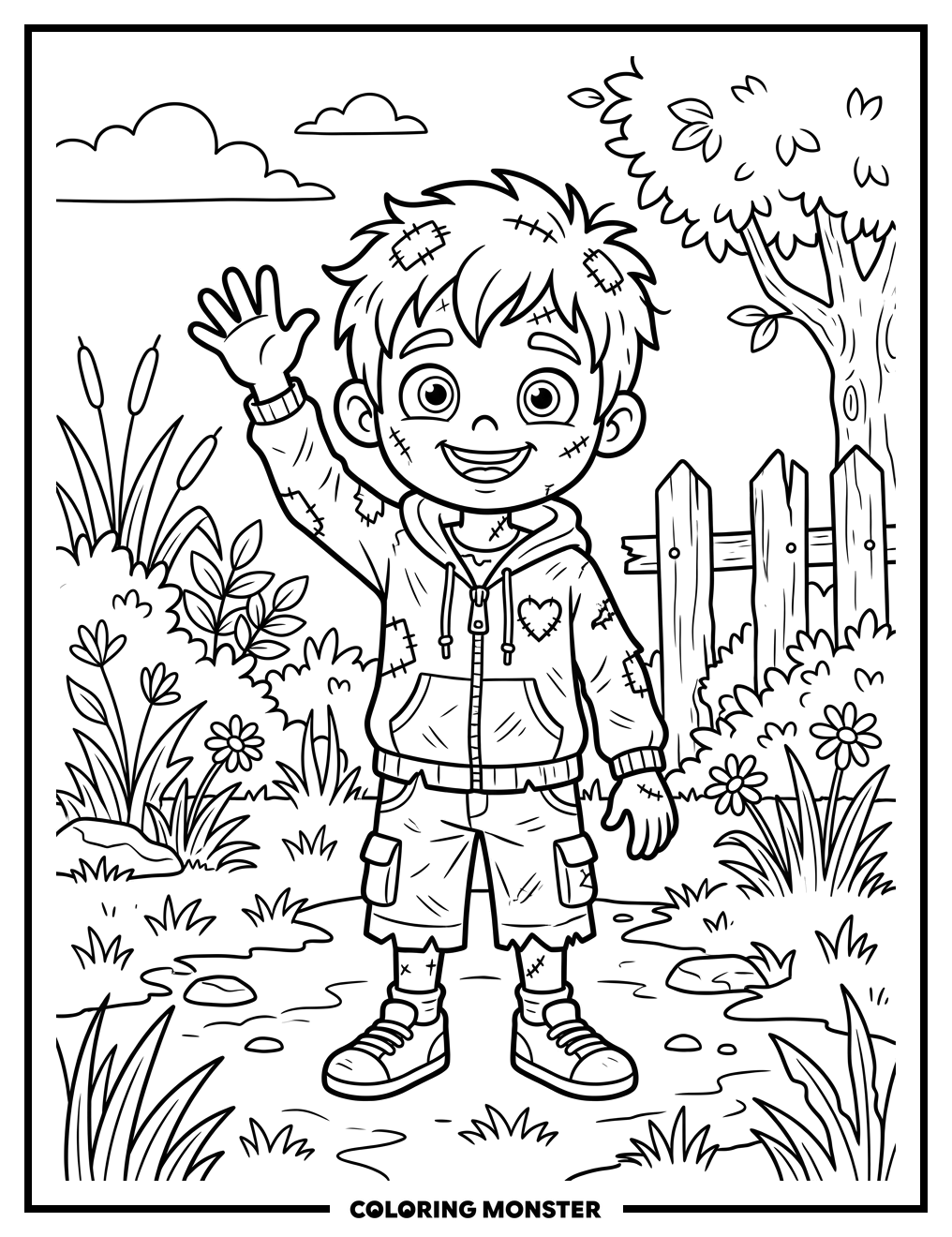 Cheerful Zombie Child Waving Hello Coloring Page