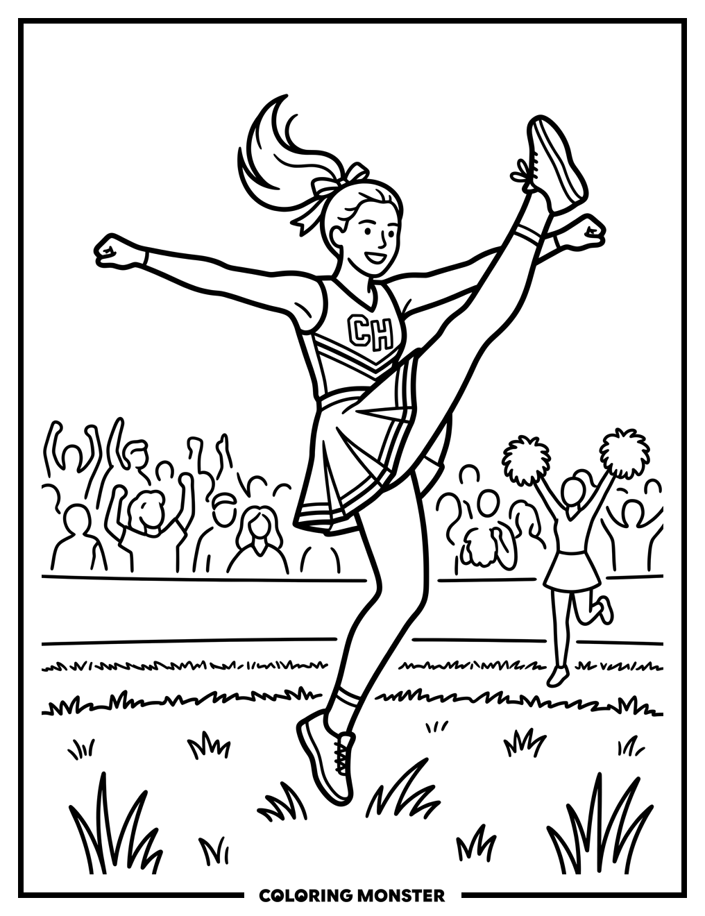 Cheerleader Mid-Air Kick Coloring Page
