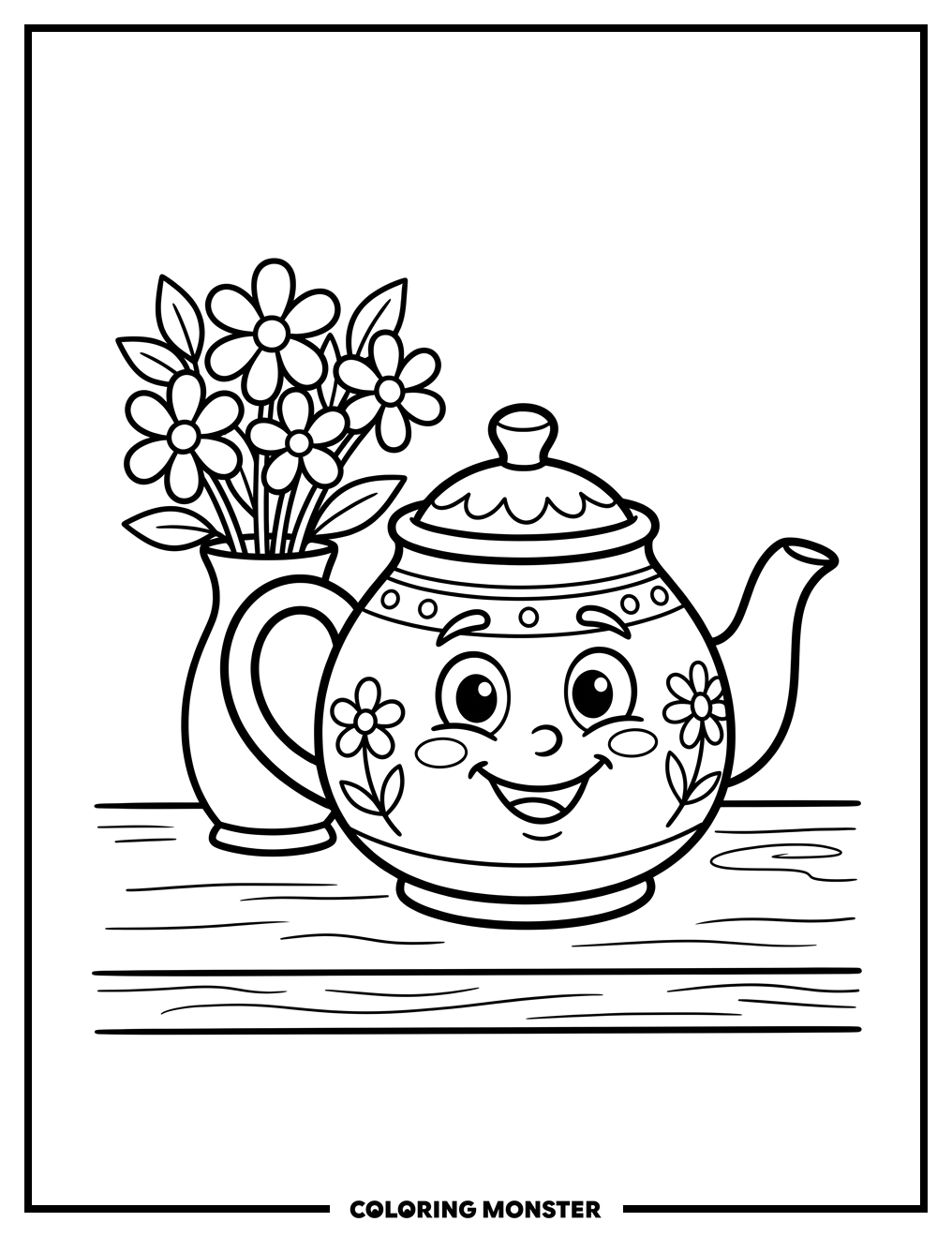 Cheery Teapot with Flowers Coloring Page