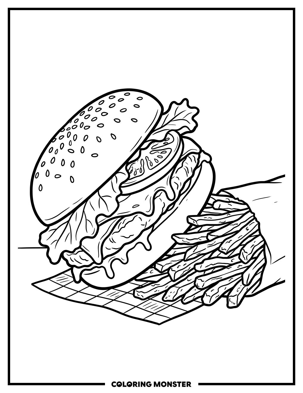 Cheeseburger and Fries Feast Coloring Page