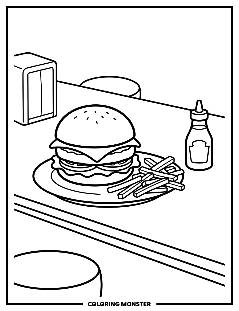 Cheeseburger and Fries on Diner Counter Coloring Page