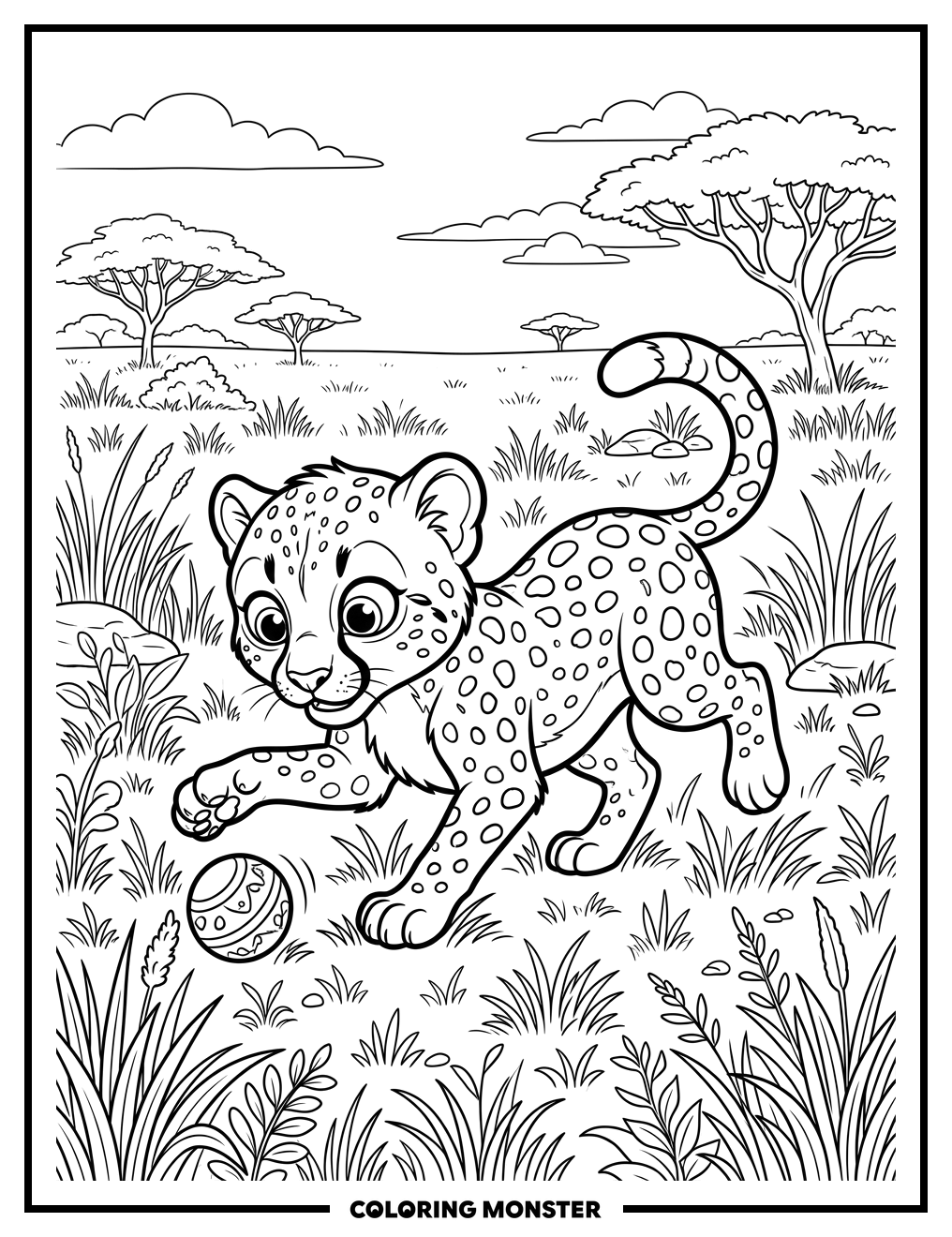 Cheetah Cub Playing With Ball Coloring Page
