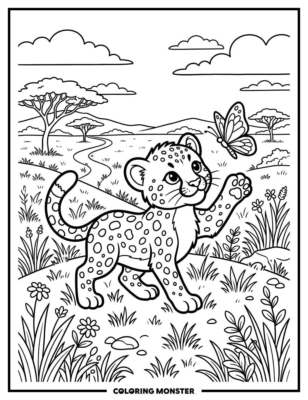 Cheetah Cub Plays With Butterfly Coloring Page