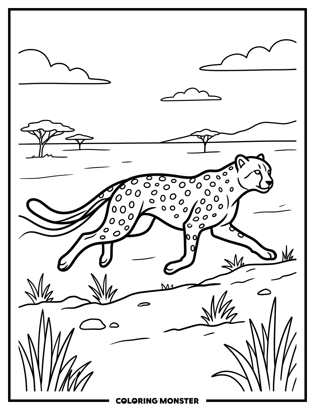 Cheetah Running Across the Savanna Coloring Page