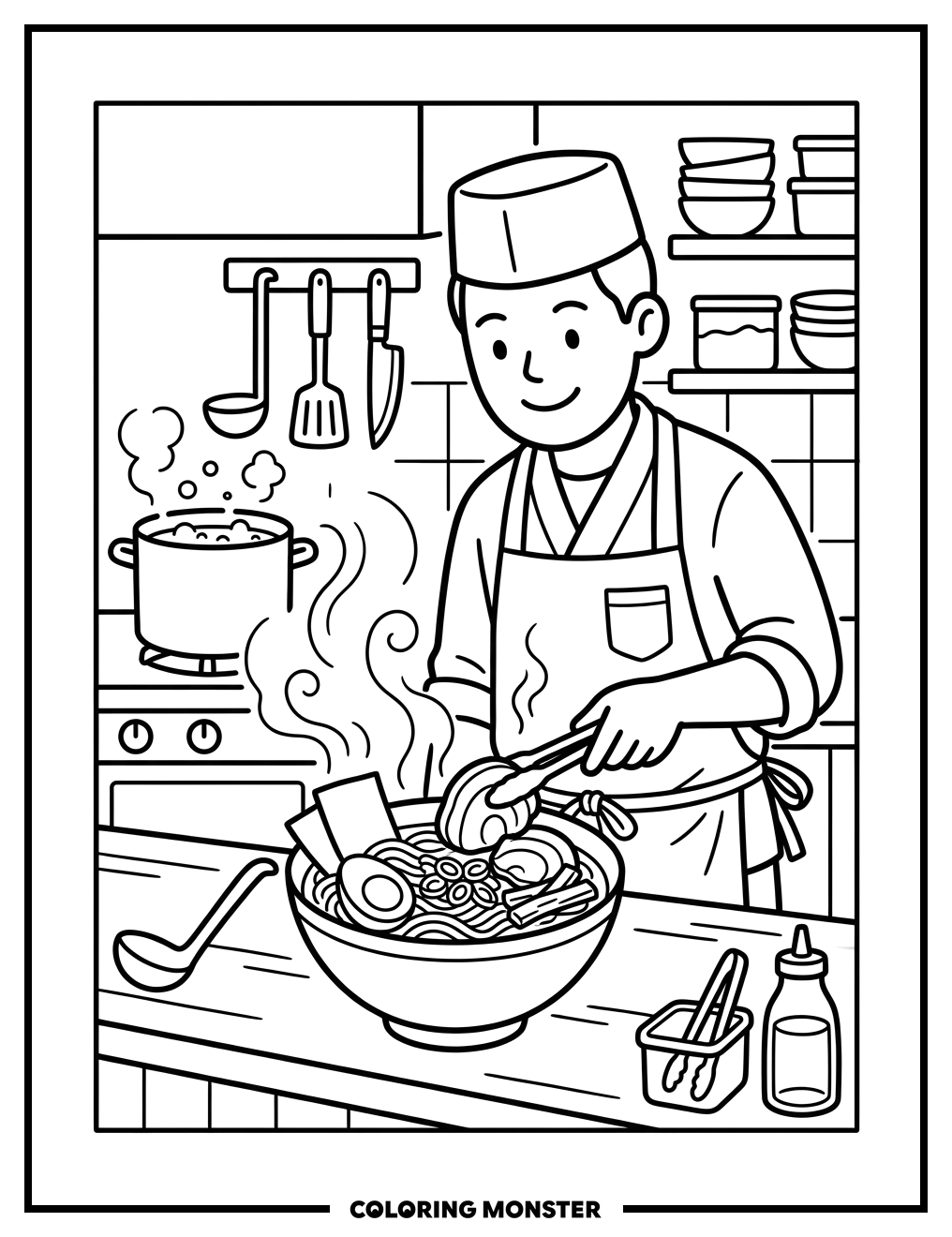Chef Arranges Ramen Bowl Coloring Page