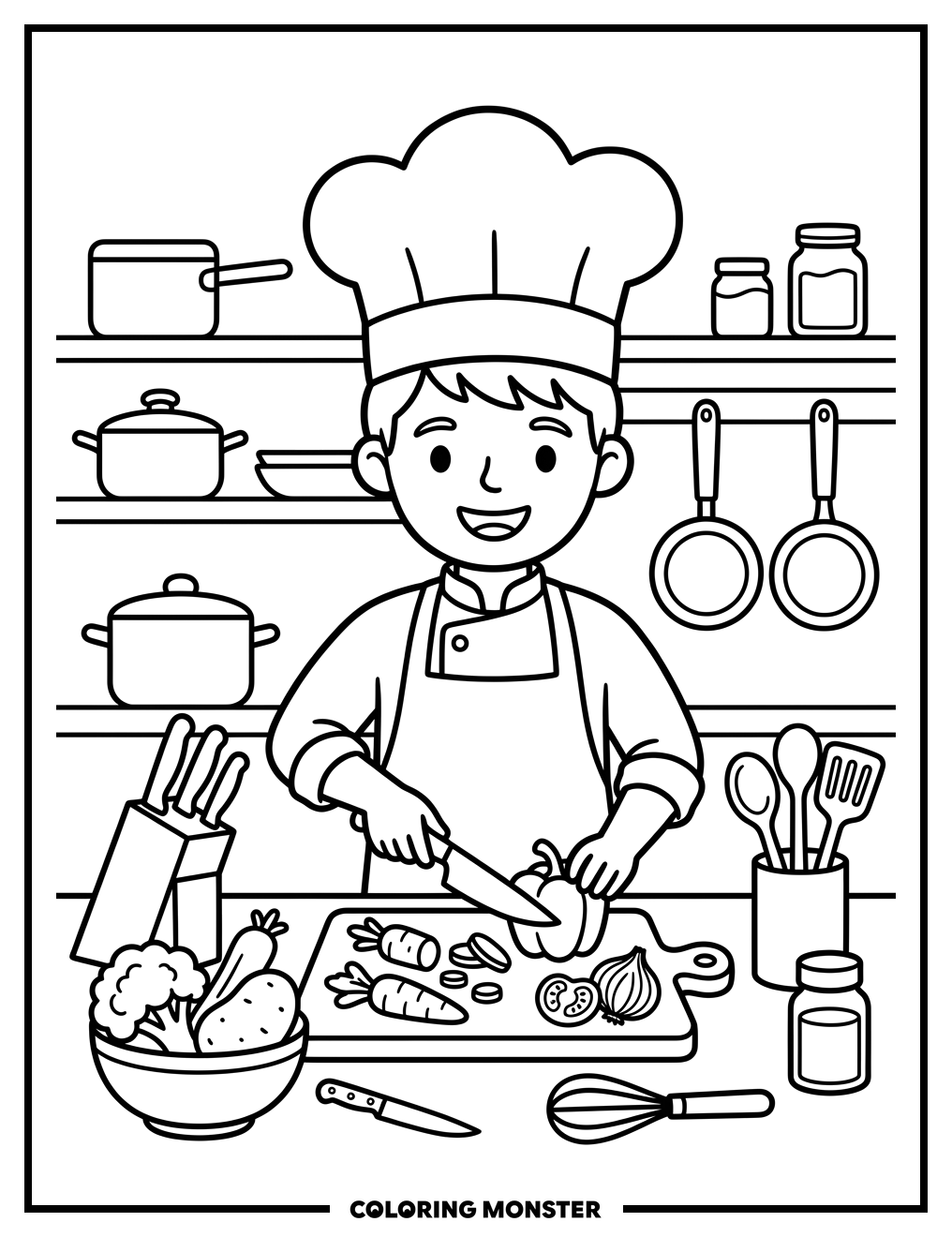 Chef Chopping Vegetables Coloring Page