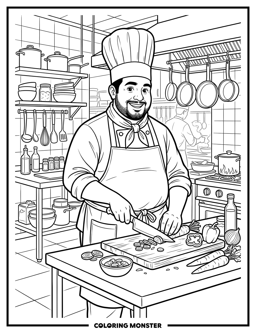 Chef Chopping Vegetables in Kitchen Coloring Page