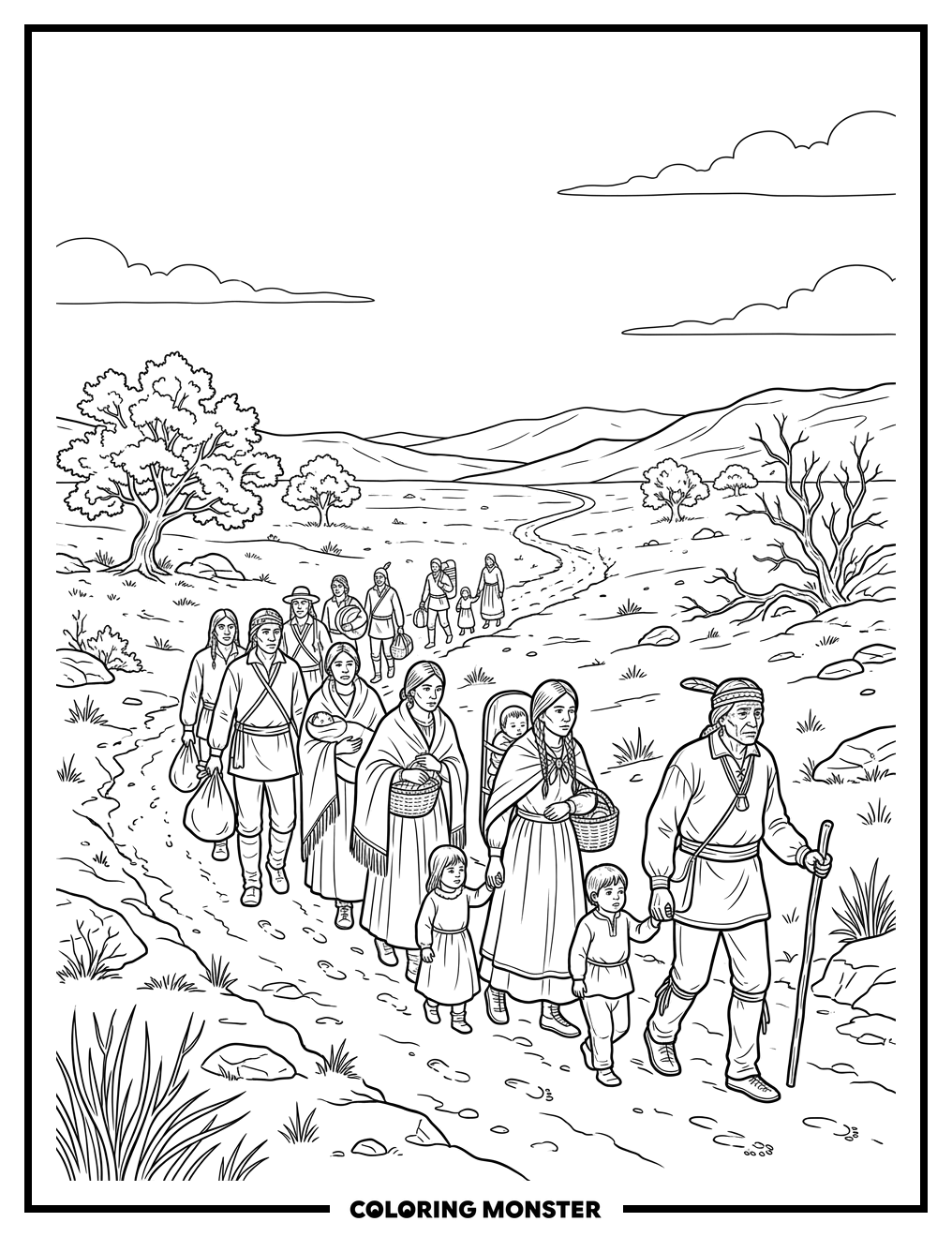 Cherokee People Journeying West Coloring Page
