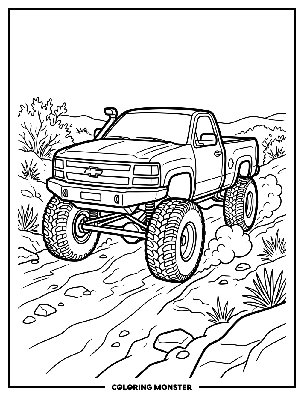 Chevy Pickup Truck on Dusty Trail Coloring Page
