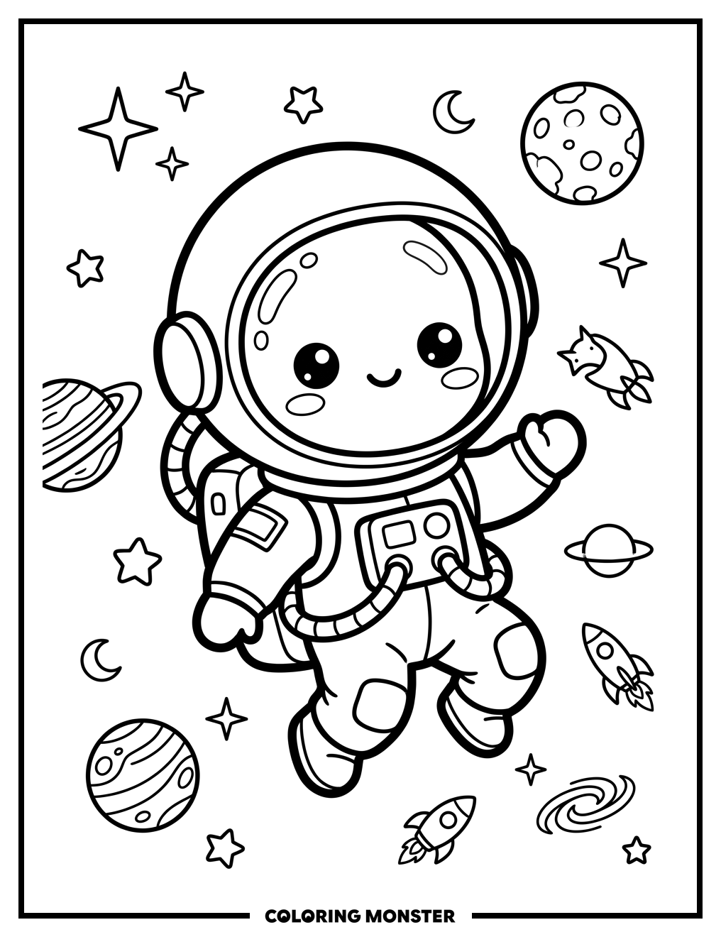 Chibi Astronaut Floating in Space Coloring Page