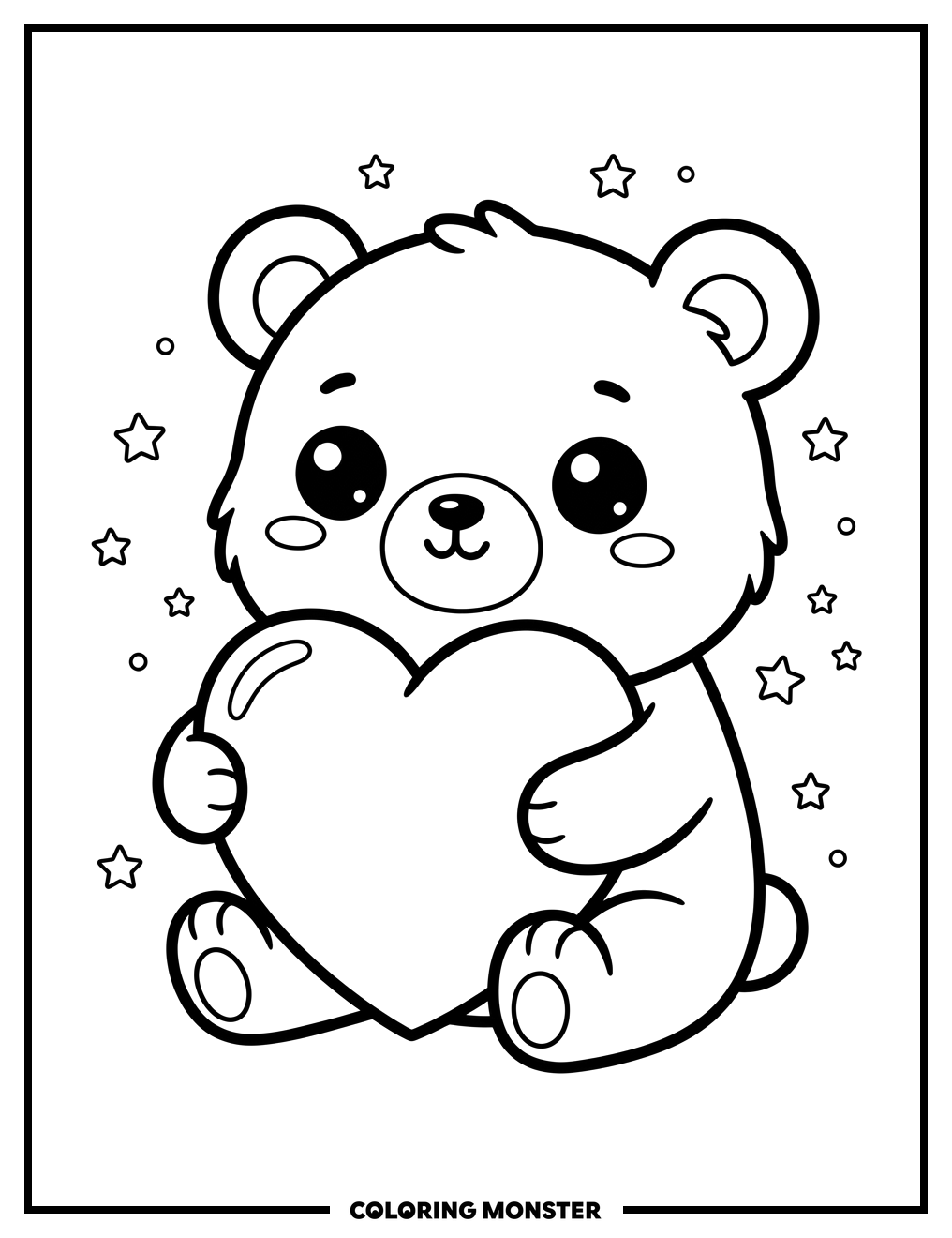 Chibi Bear Holding Heart Coloring Page