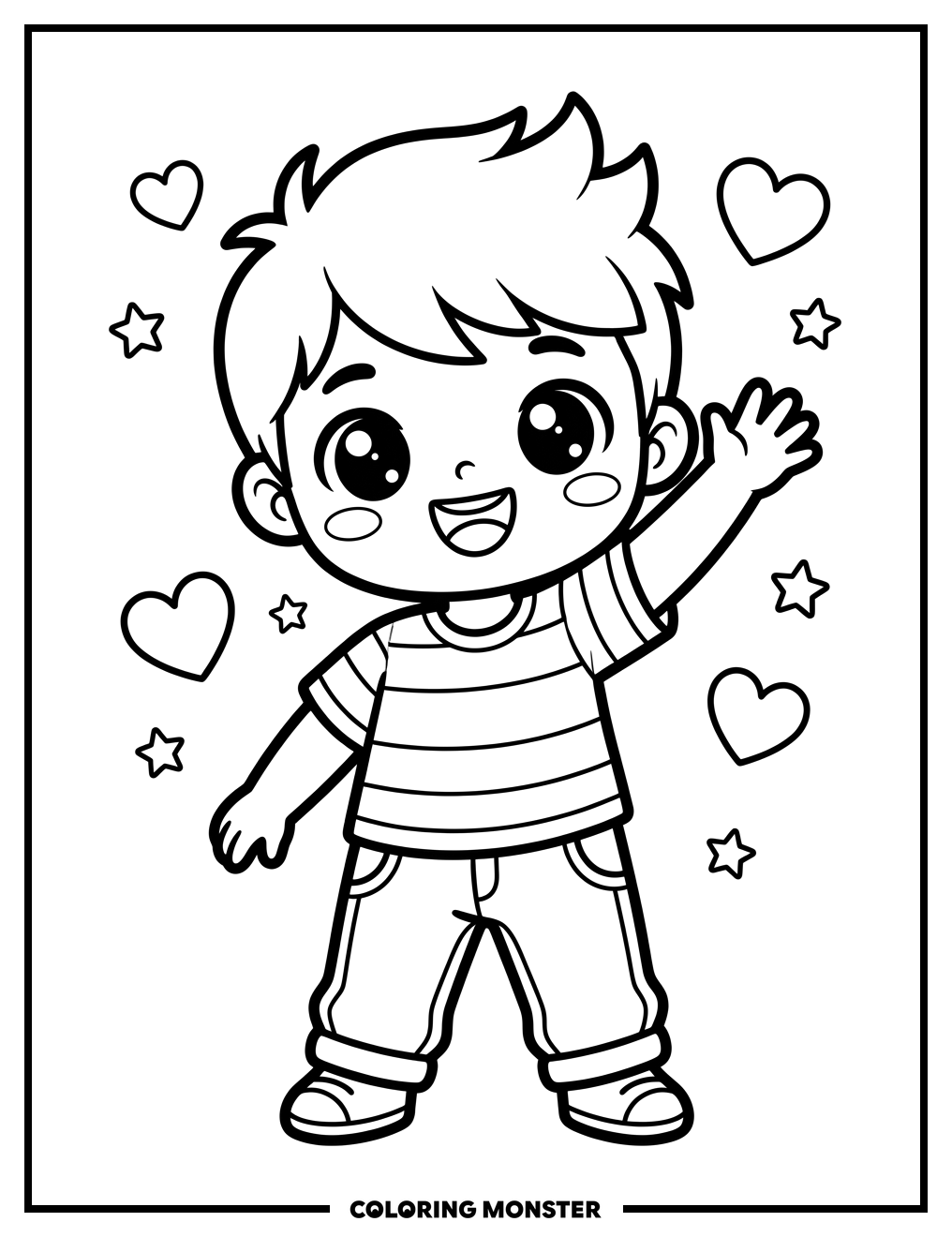 Chibi Boy Waving Hello Coloring Page