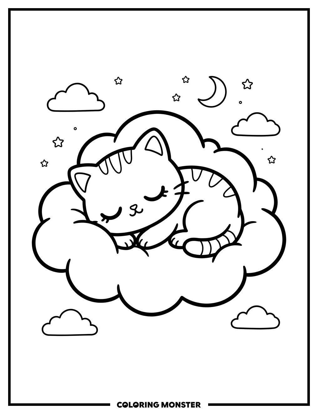 Chibi Cat Sleeping on Cloud Coloring Page
