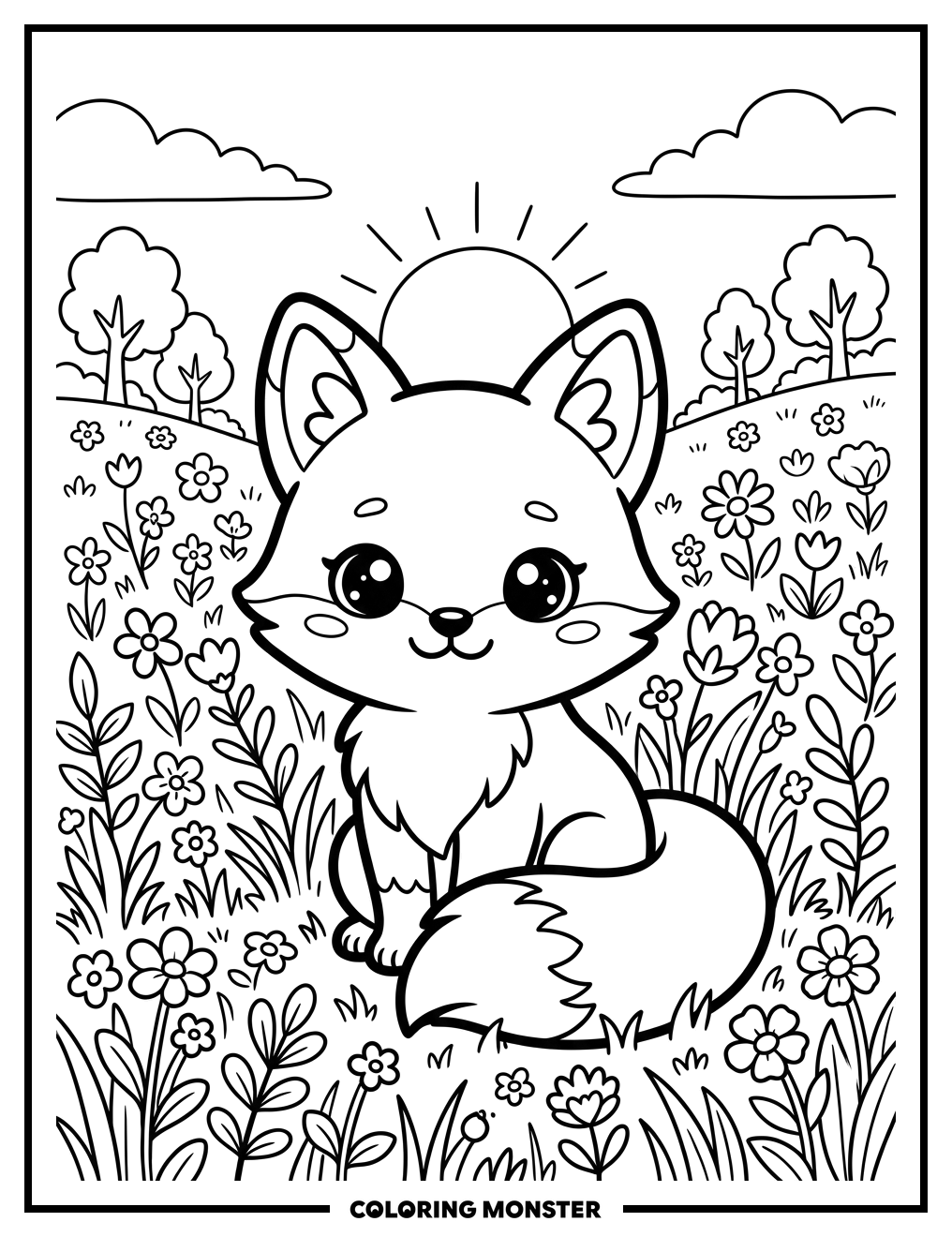 Chibi Fox in Sunny Meadow Coloring Page
