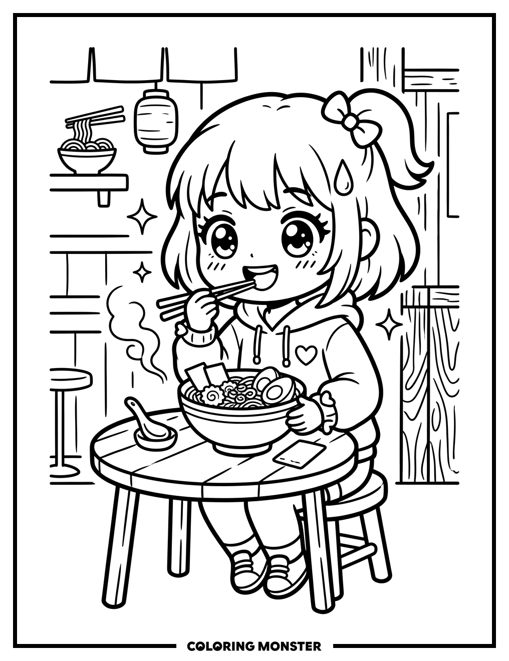 Chibi Girl Enjoys Ramen Coloring Page