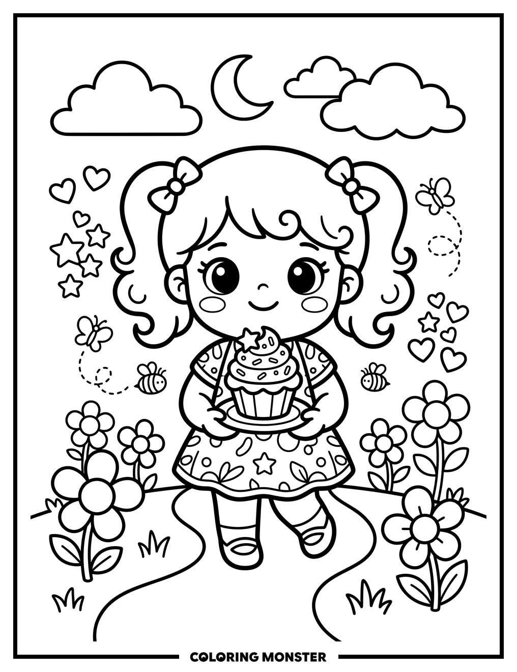 Chibi Girl Offers a Cupcake Coloring Page