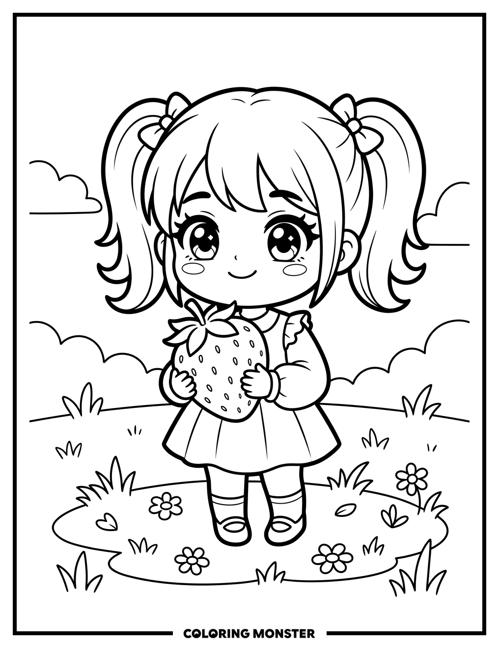 Chibi Girl With Strawberry Coloring Page