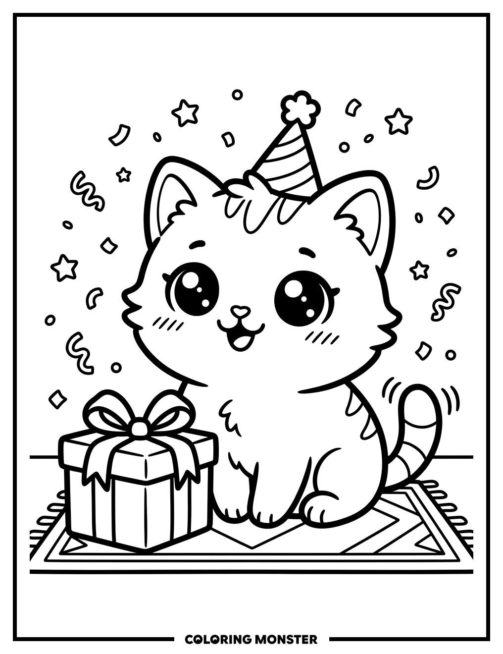 Chibi Kitten Wearing Party Hat Coloring Page