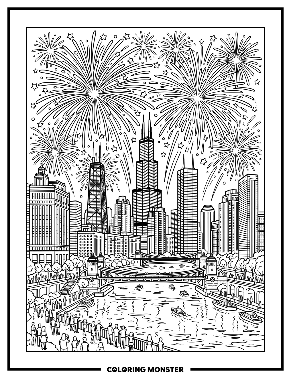 Chicago Fourth Of July Fireworks Over Lake Michigan Coloring Page