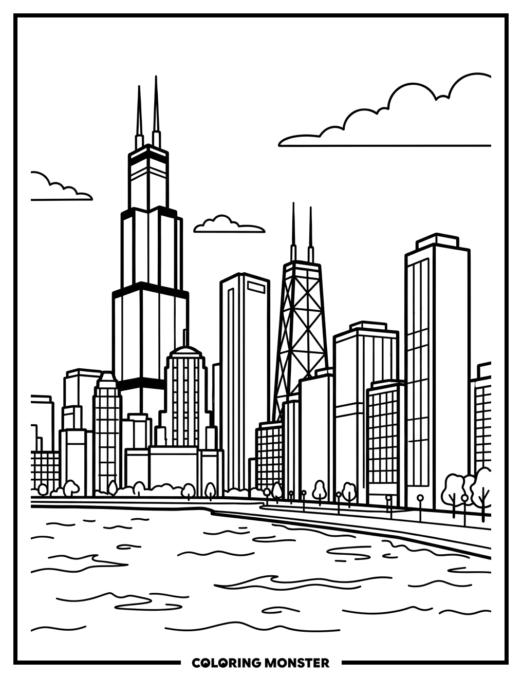 Chicago Skyline Panorama Coloring Page