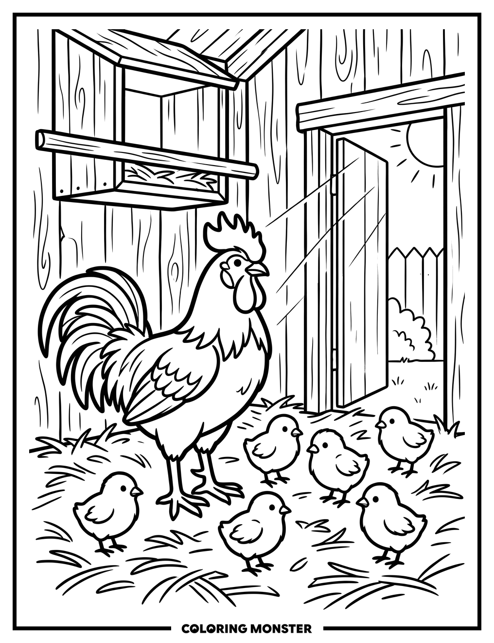 Chicken Coop Scene Coloring Page