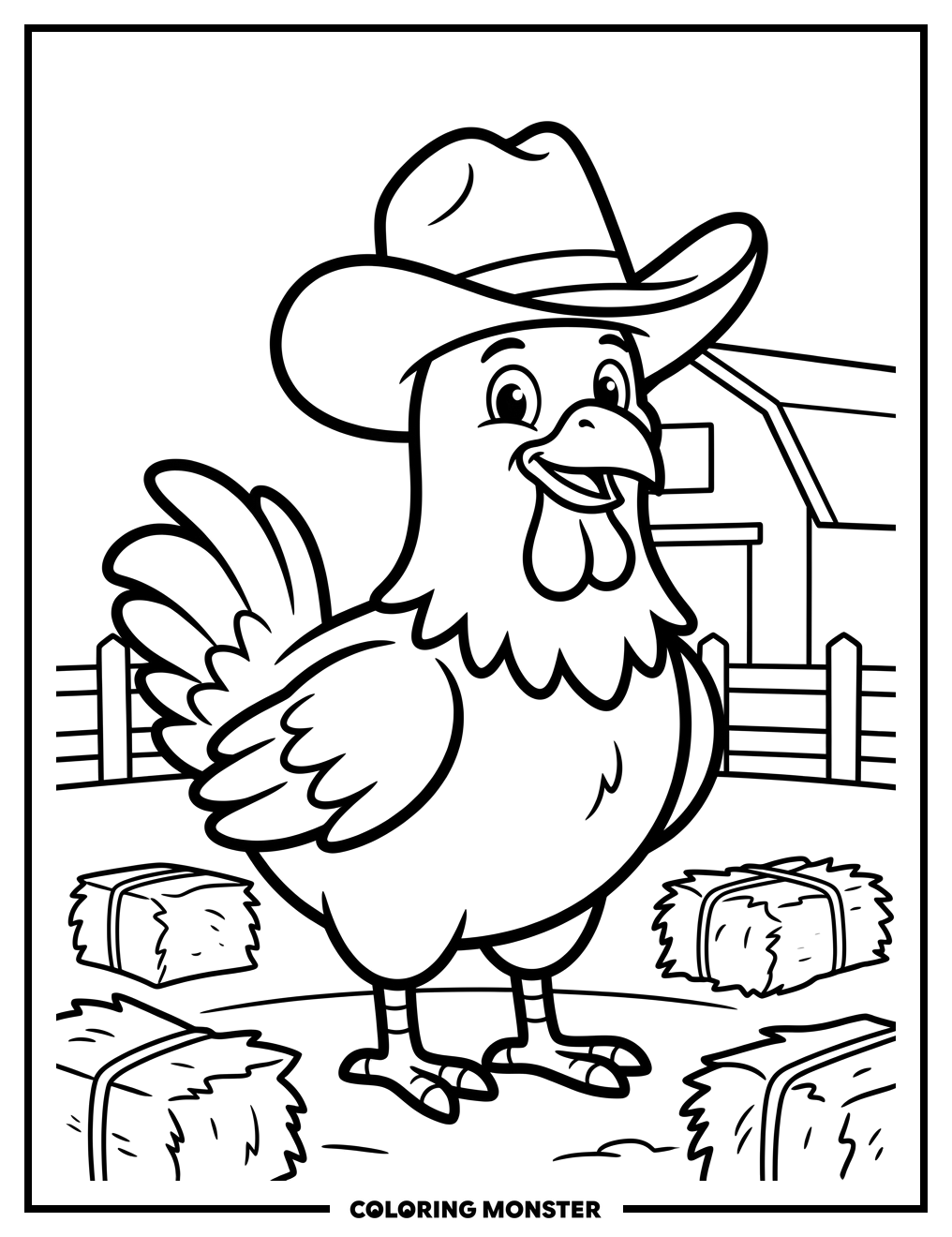 Chicken in Cowboy Hat Coloring Page