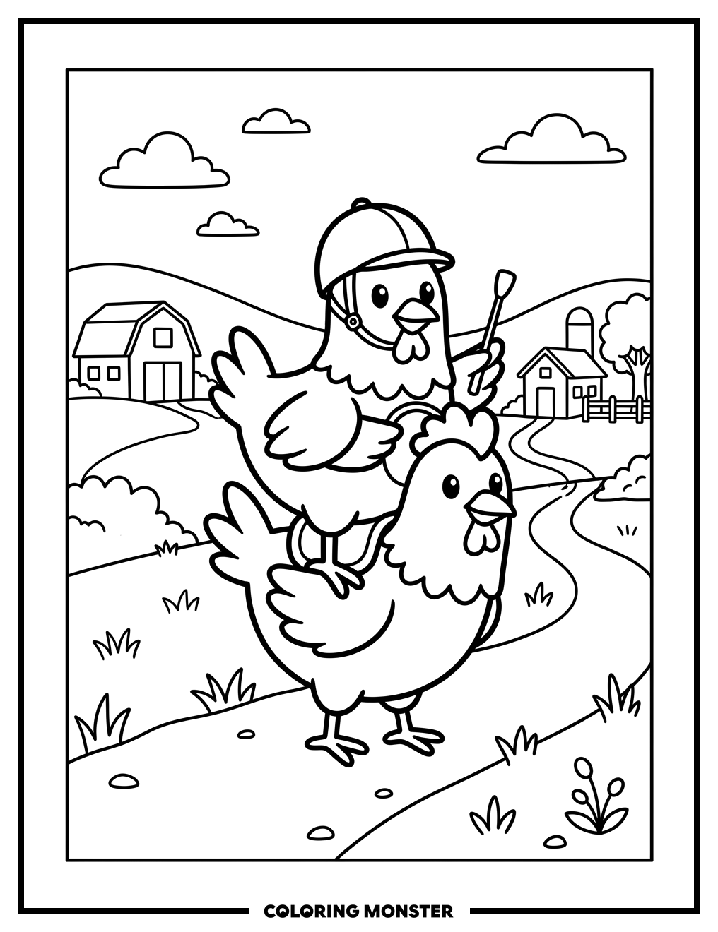 Chicken Jockey on a Farm Coloring Page