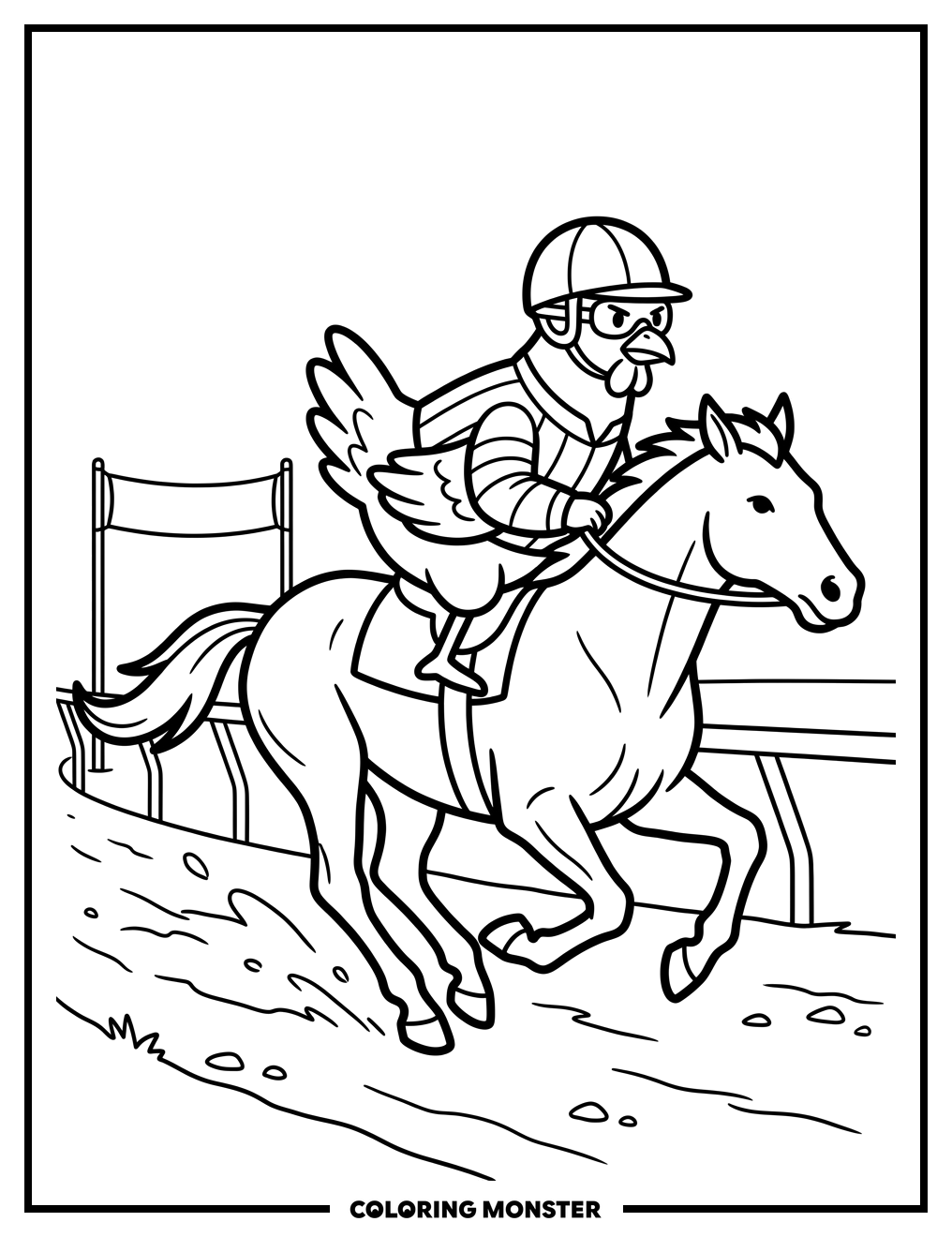 Chicken Jockey Riding a Racehorse Coloring Page