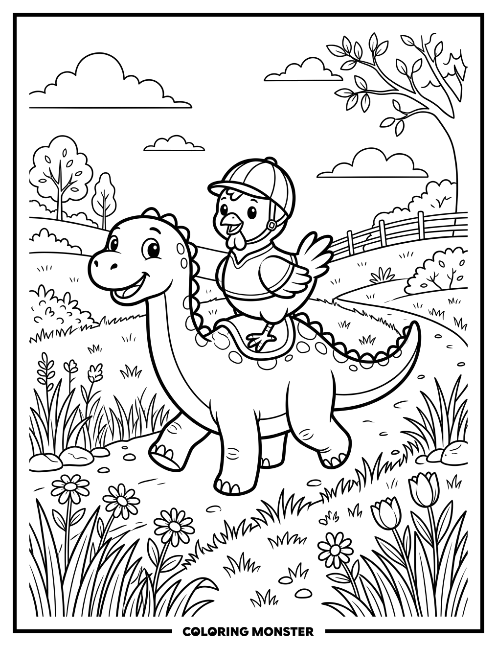 Chicken Jockey Riding Dinosaur Coloring Page