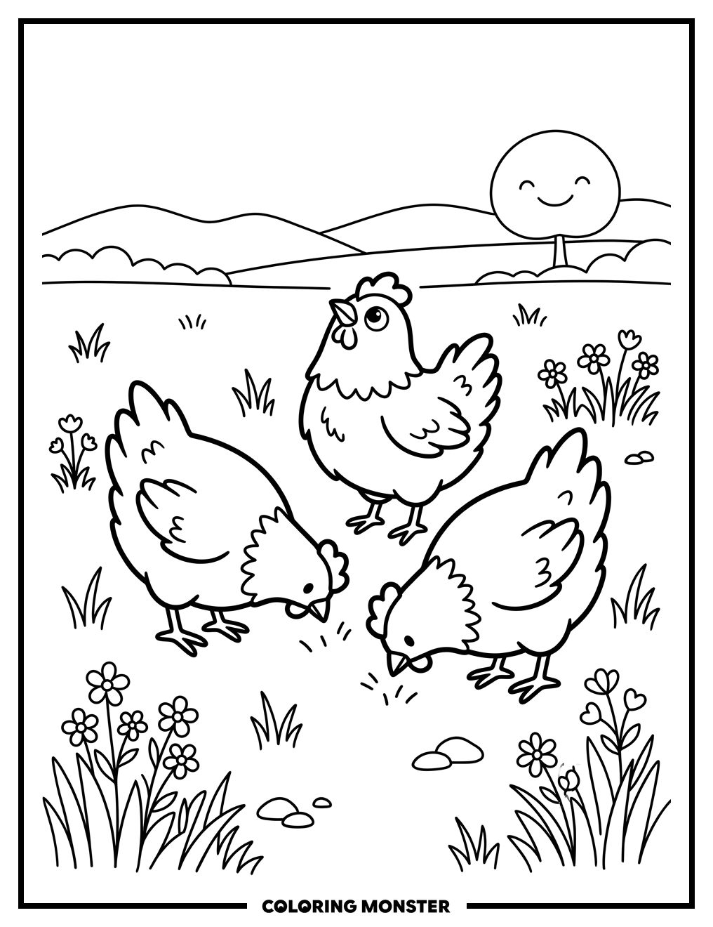 Chickens in a Grassy Field Coloring Page