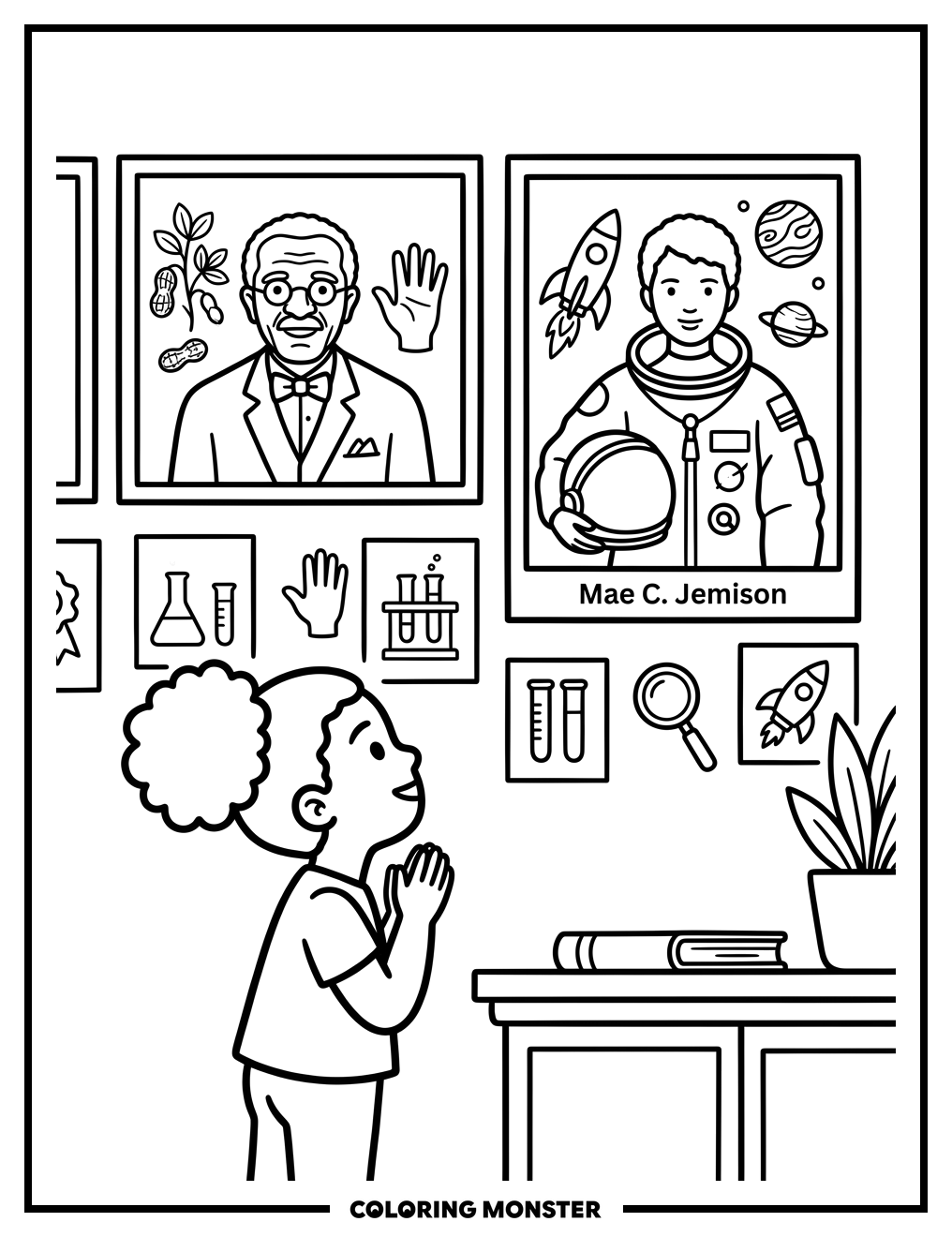 Child Admires African American Scientists' Displays Coloring Page