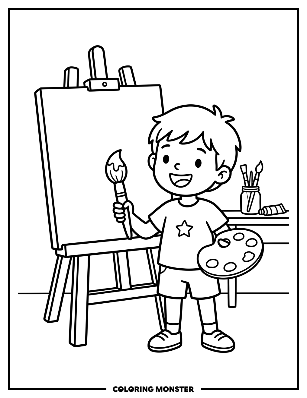 Child Artist With Paintbrush and Palette Coloring Page
