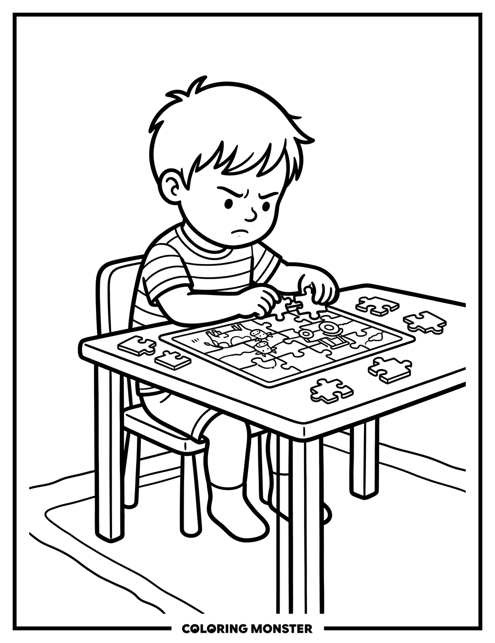 Child Assembling Jigsaw Puzzle Coloring Page
