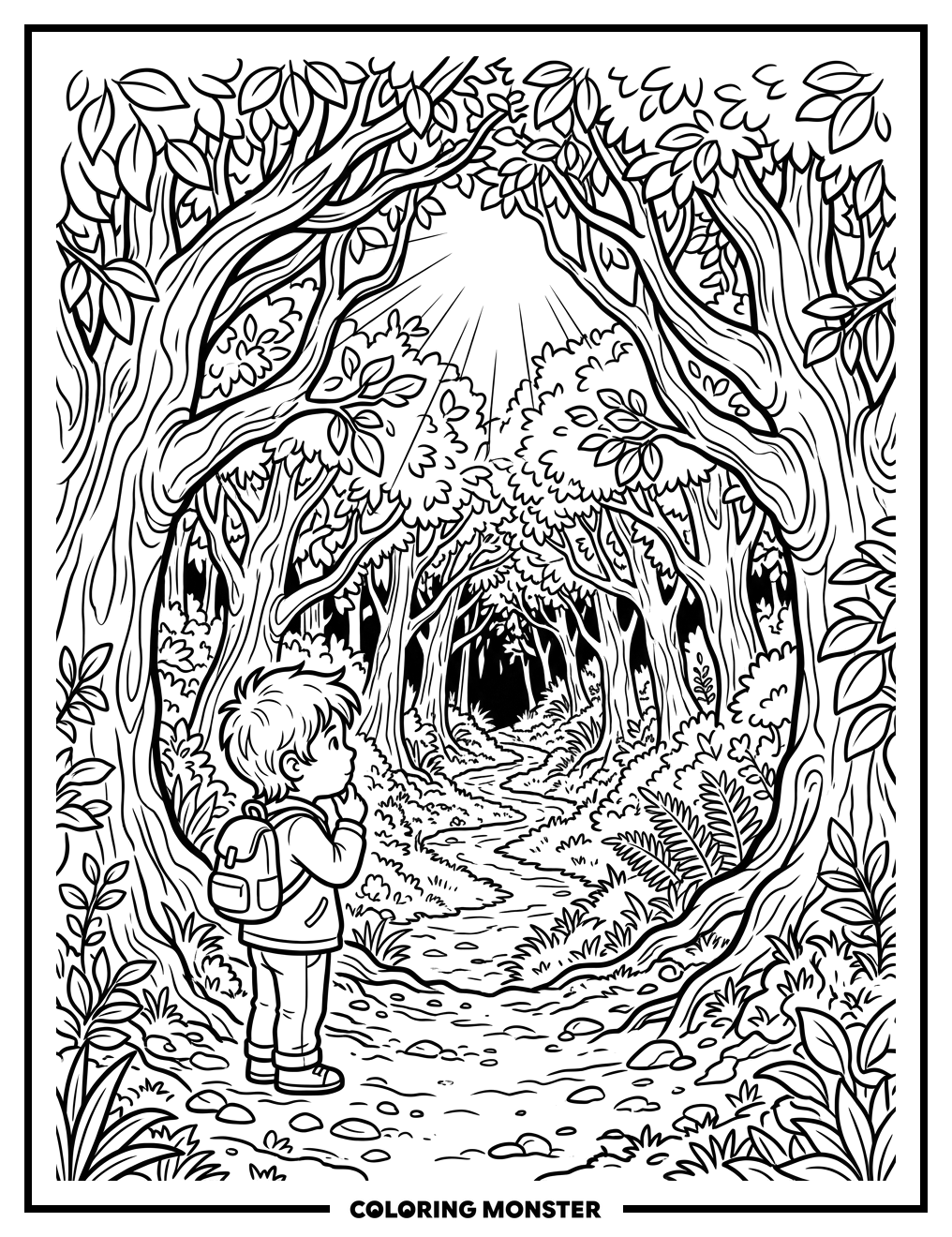 Child at Enchanted Forest Entrance Coloring Page