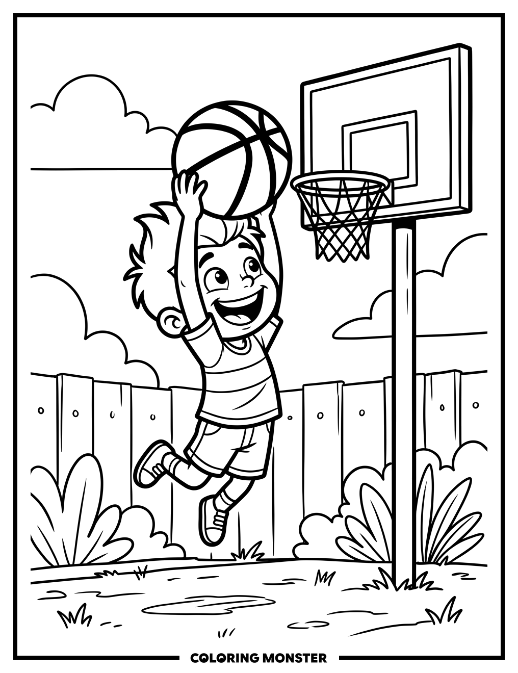 Child Attempts Slam Dunk Coloring Page