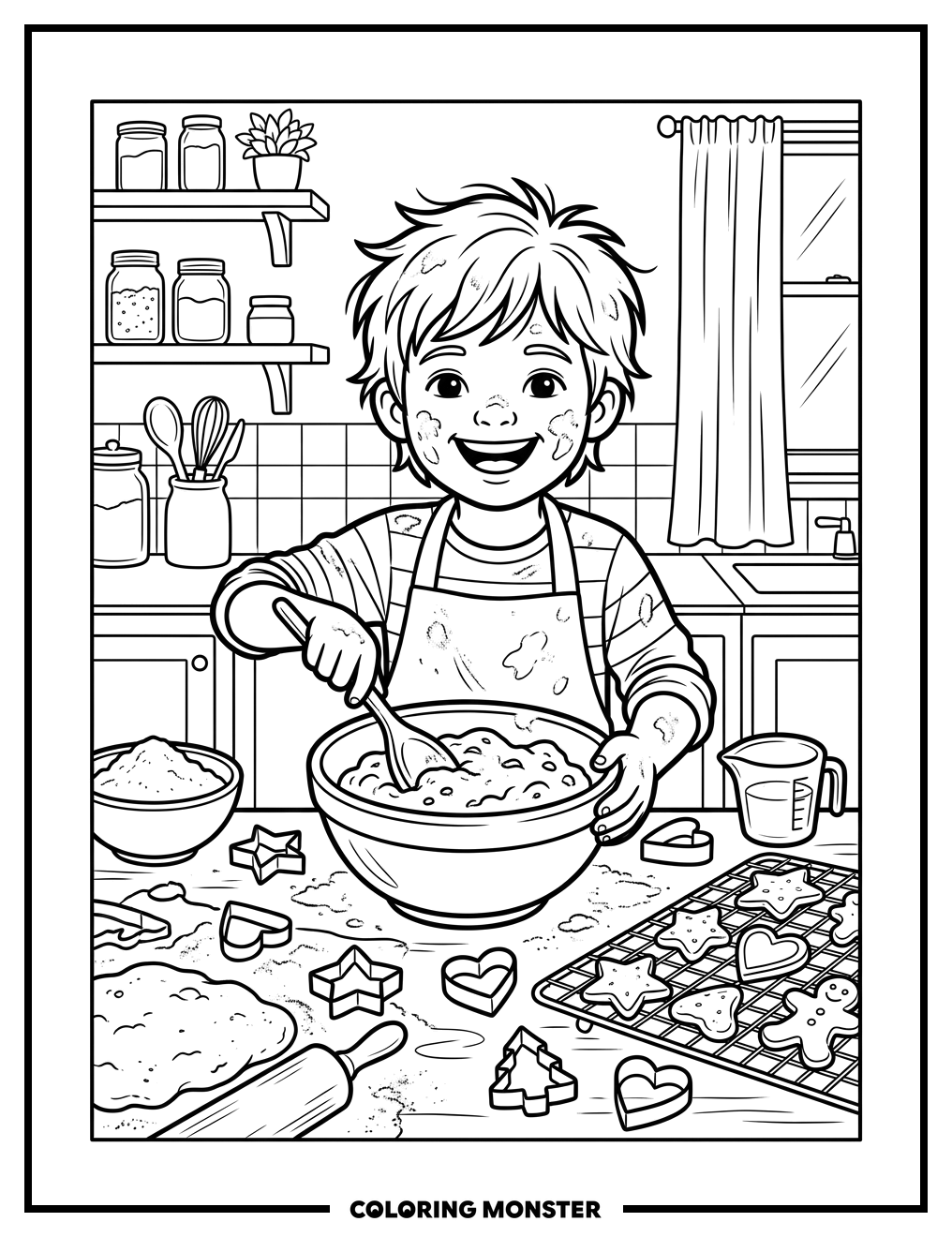 Child Baking Cookies in Kitchen Coloring Page