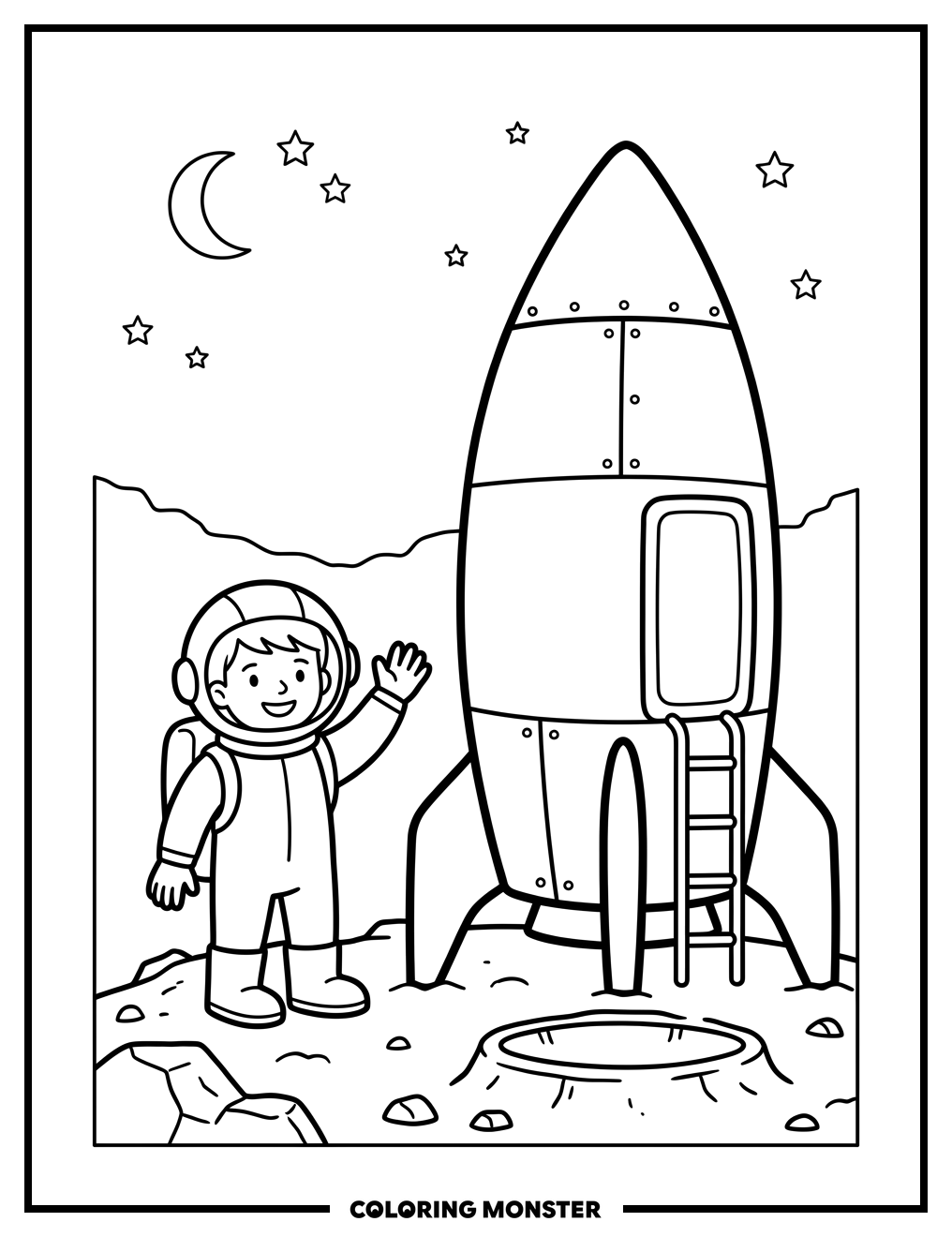 Child Beside Rocket Ship on Alien Planet Coloring Page