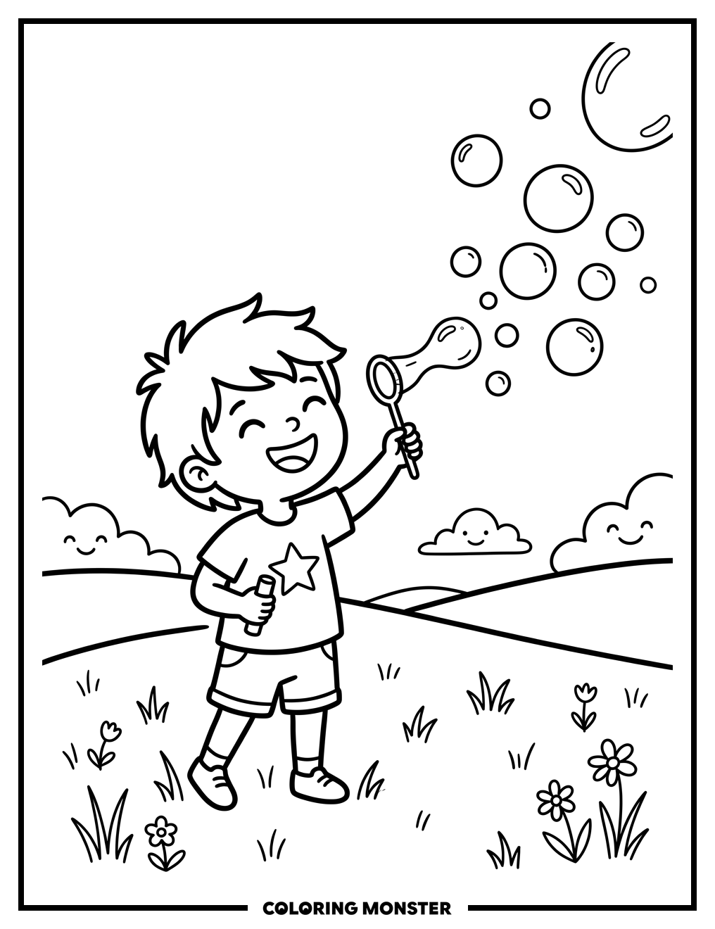 Child Blowing Bubbles In A Sunny Field Coloring Page