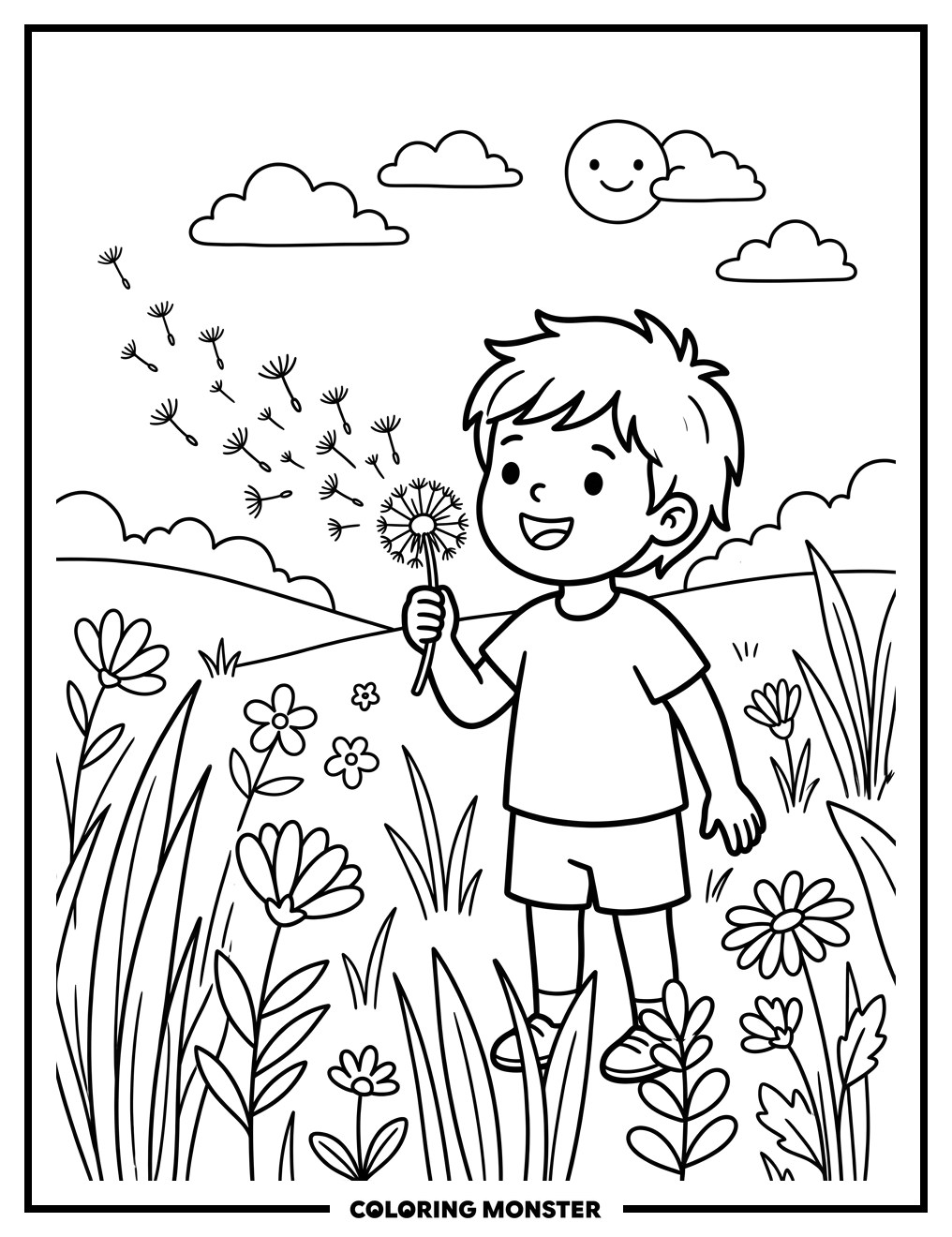Child Blowing Dandelion Seeds Coloring Page