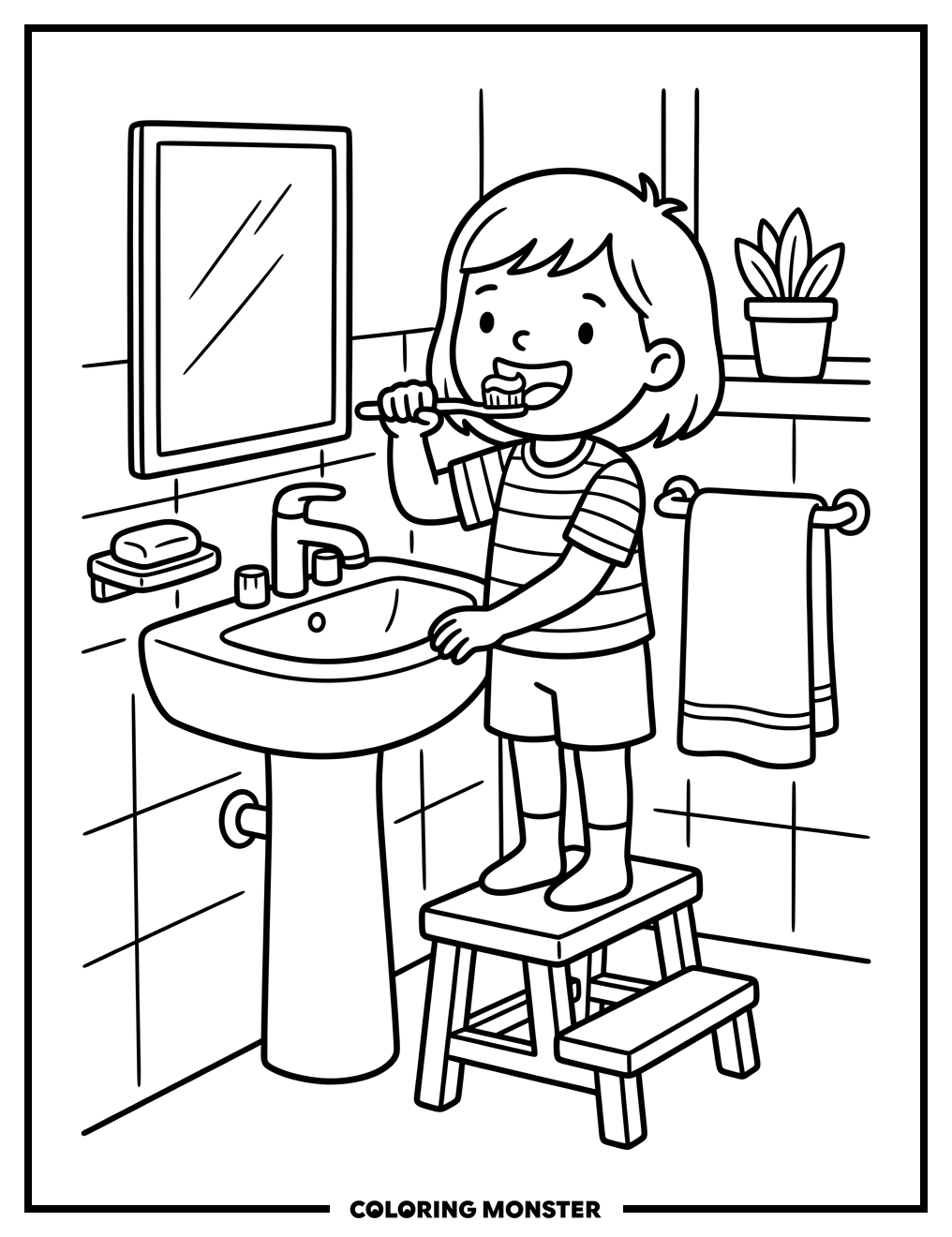 Child Brushing Teeth Coloring Page