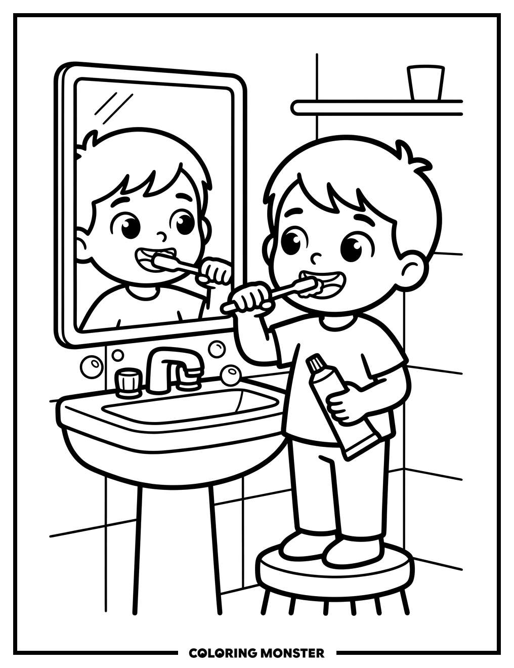 Child Brushing Teeth at Mirror Coloring Page