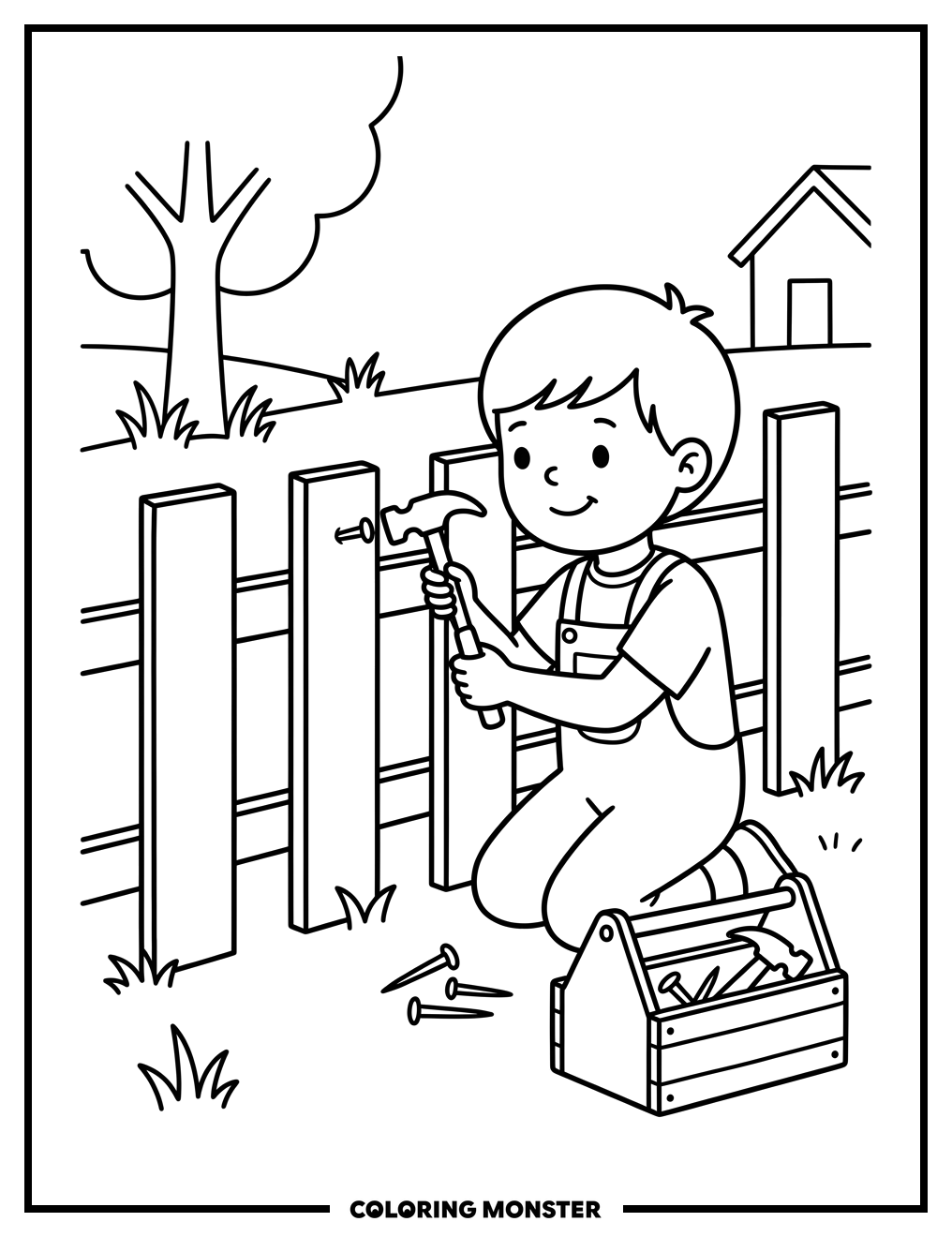 Child Building a Backyard Fence Coloring Page