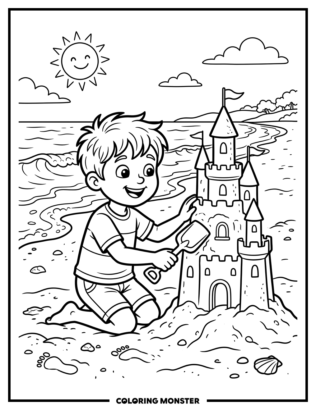 Child Building A Sandcastle At The Beach Coloring Page