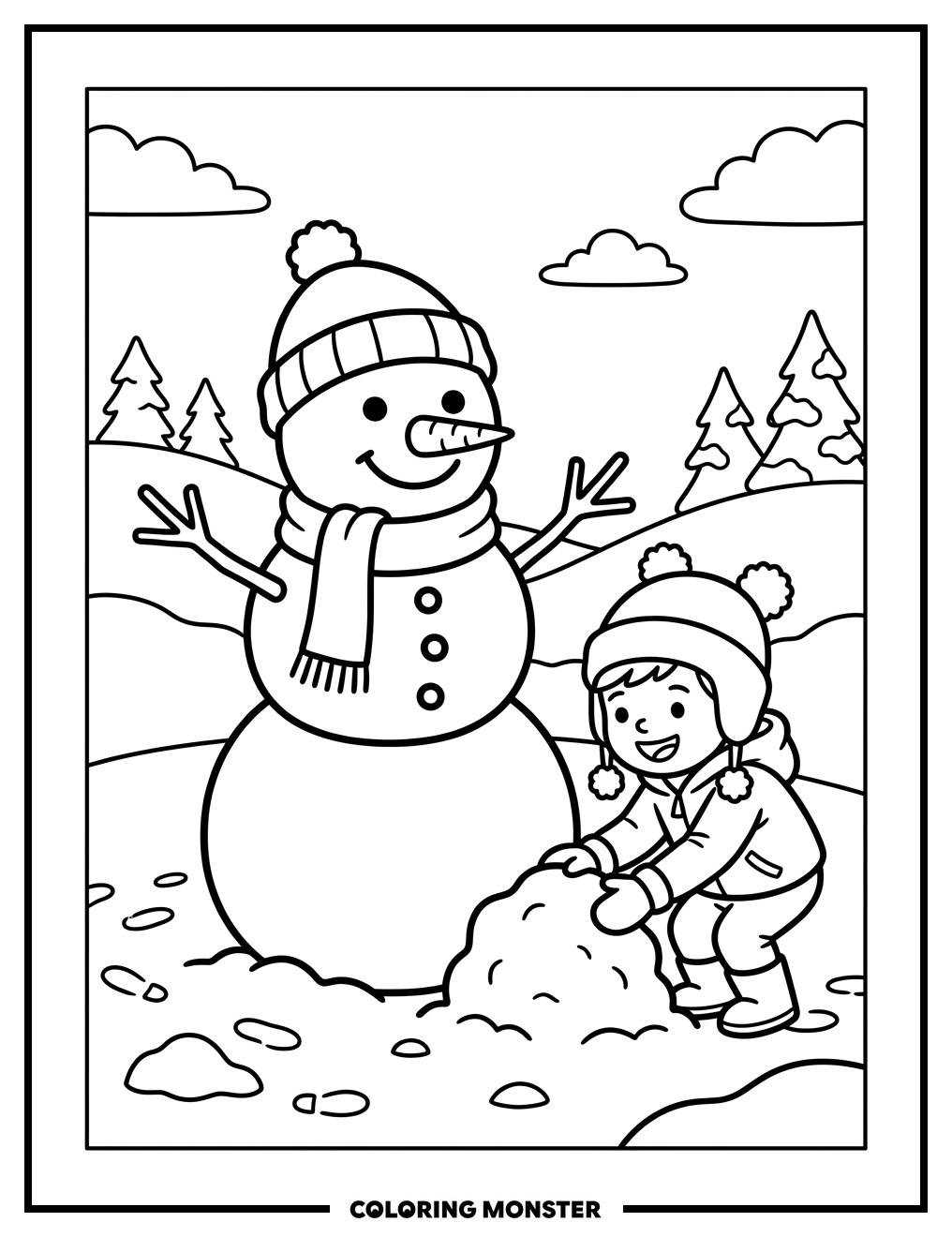 Child Building a Snowman Coloring Page