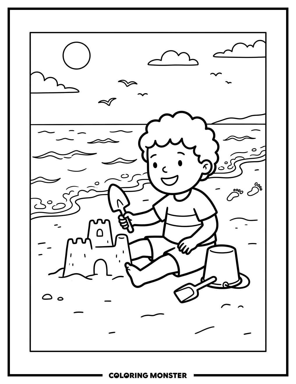 Child Building Beach Sandcastle Coloring Page