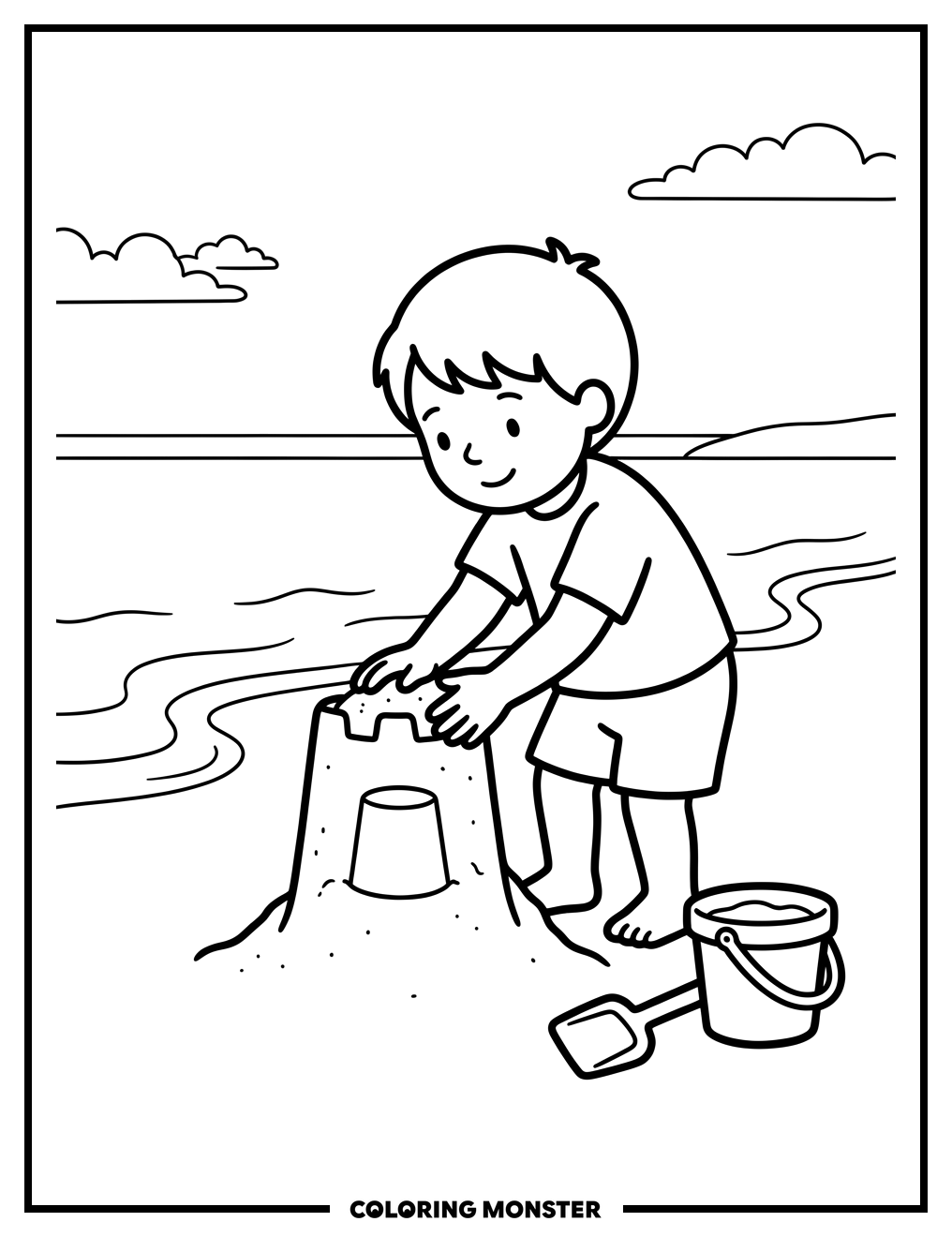 Child Building Sandcastle at the Beach Coloring Page