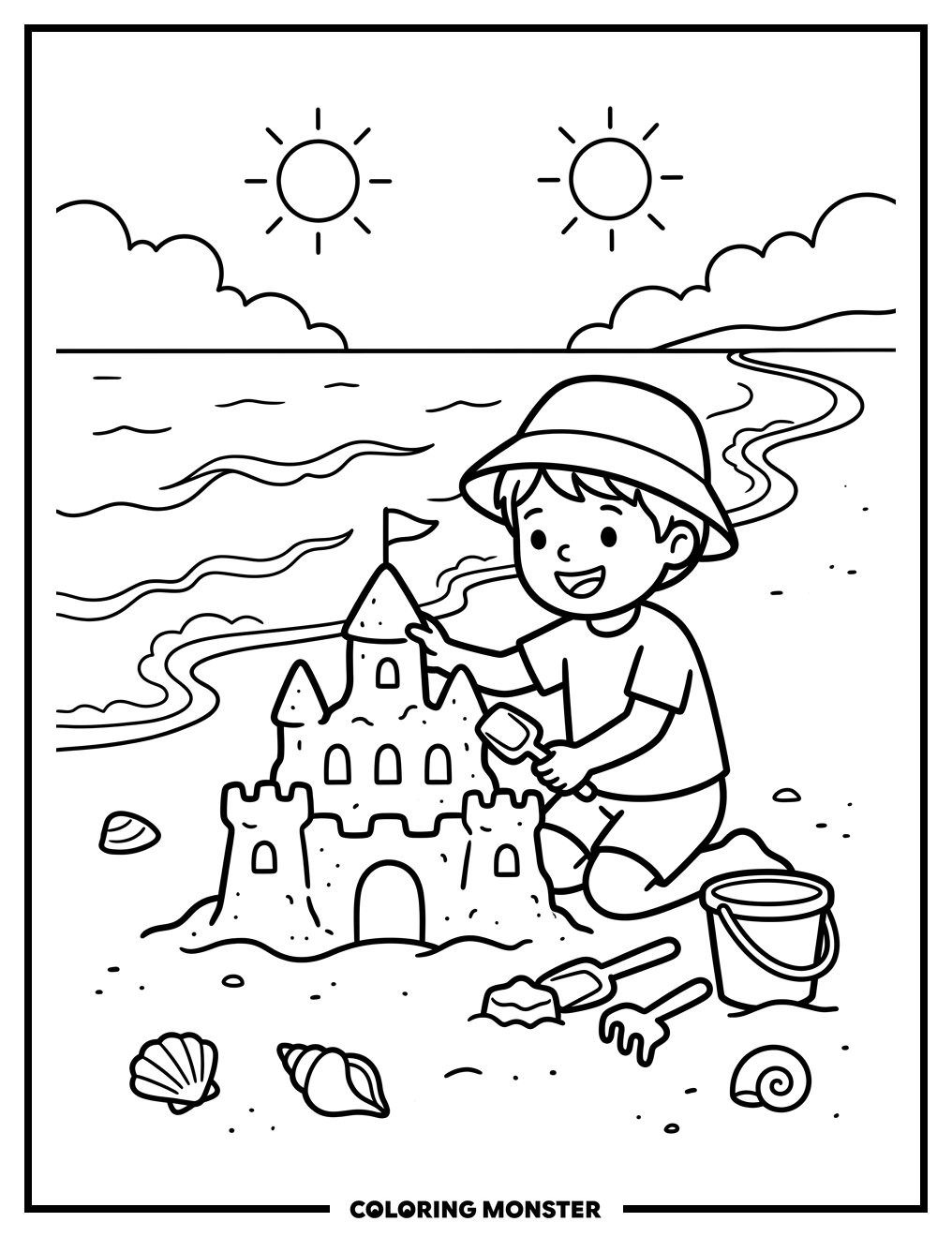 Child Building Sandcastle At The Beach Coloring Page