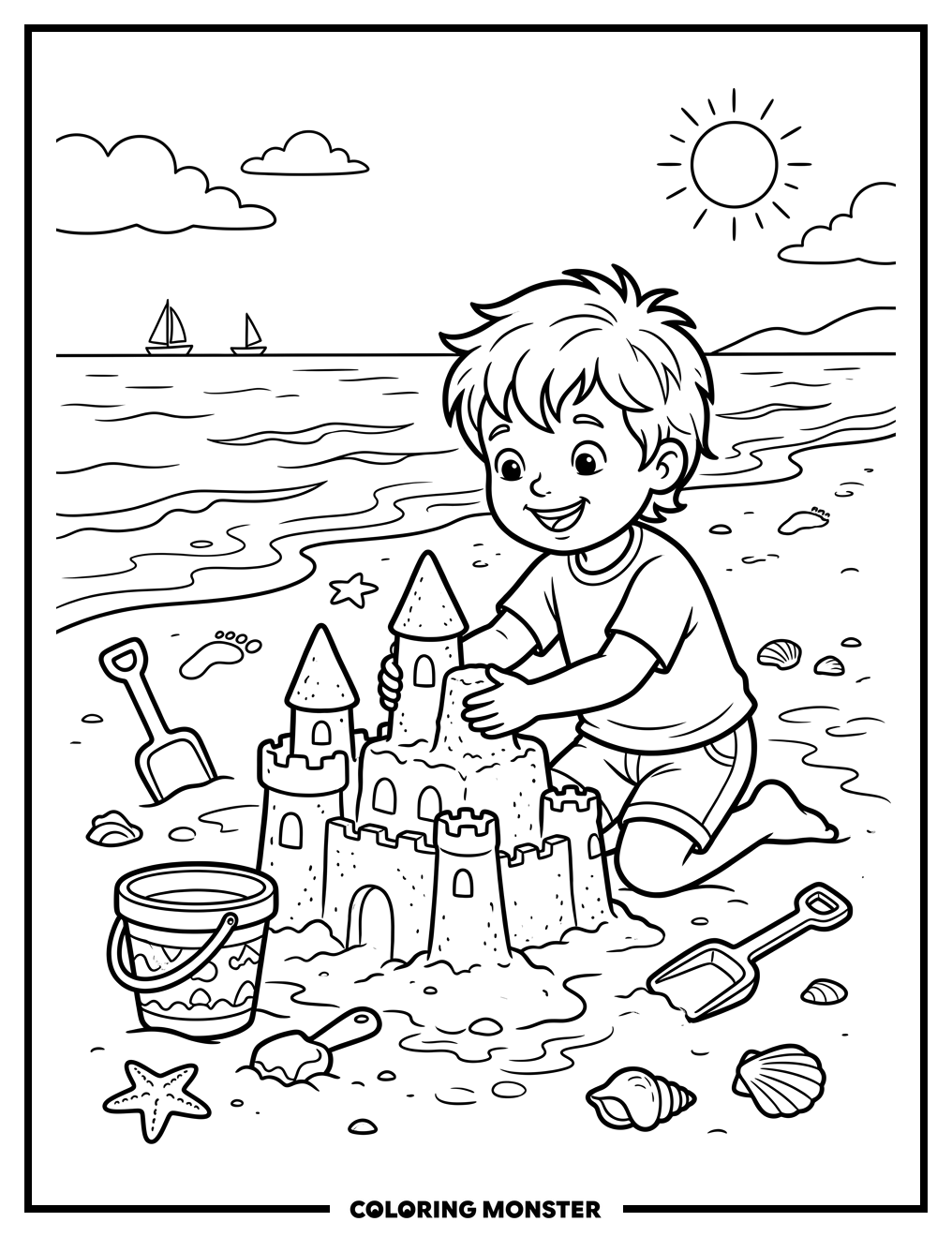 Child Building Sandcastle on Beach Coloring Page